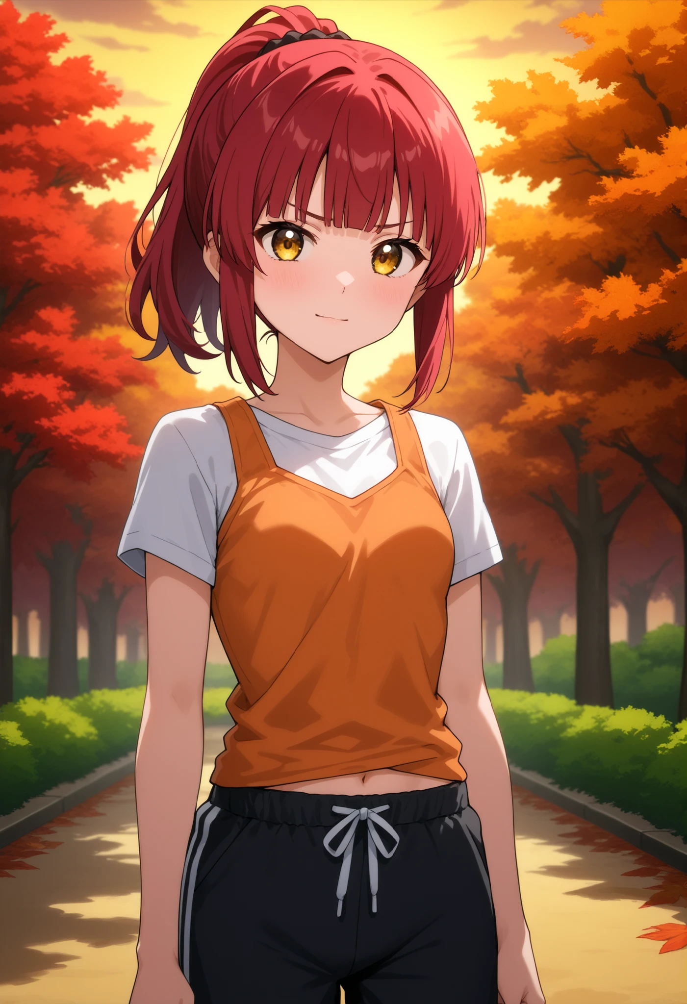 higurashikira, anime screencap, anime coloring, cowboy shot,
1girl, solo, short female, toned female, red hair, medium hair, ponytail, blunt bangs, short sidelocks, yellow eyes, small breasts,
orange tank top, white short sleeves t-shirt, black sweatpants,
looking at viewer, tsundere, light smile, arms at sides, light blush, standing,
outdoors, autumn forest, sunset,
(masterpiece, best quality, absurdres, highres, newest, very awa, year 2024:1.2)