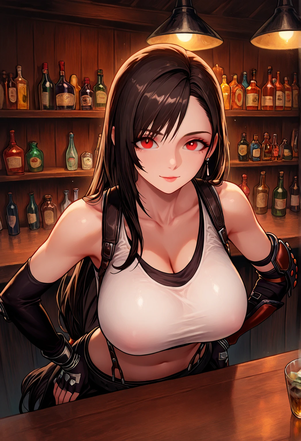 (score_9, score_8_up, score_7_up), BREAK (masterpeace),(best quality),(aesthetic,very aesthetic),(highly detailed),1girl, tifa lockhart, final fantasy,(beautiful). black hair, low-tied long hair, red eyes, bangs, white tank top,gap, belt, pleated skirt, thighhighs, elbow fingerless gloves, elbow pads, midriff, navel,suspender skirt.zettai ryouiki,(large_breasts:1.3),Solo,upperbody,looking at viewer, vibrant, joyful,cafe and bar,(Emphasize the cleavage),hands on counter,Showcasing cleavage:1.3 ,breast hold,counter,straight-on,breast focus,dynamic angle,