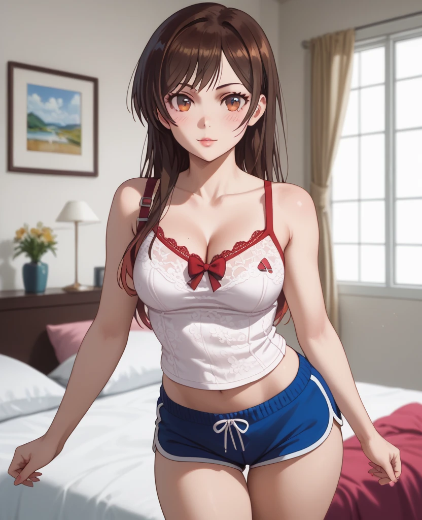 super fine illustration, vibrant colors, masterpiece, sharp focus, best quality, depth of field, cinematic lighting, ultra detailed, sleeves, crop top, pajamas, button up, pajama pants, drawstring, belly button, wide hips, 1 woman, home, solo, milf, very messy hair, dark color hair, tied hair, slender, blush, room, indoors, angry, mature female, tall woman, pose