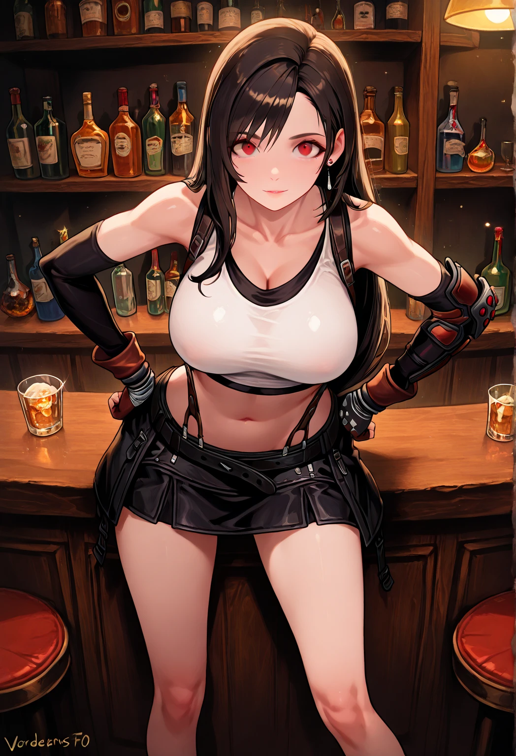tifa lockhart, table top, highest quality, Deftifa, detailed nipples, elbow pad, fingerless gloves, looking at the viewer, pubic hair. The lower abdomen becomes bristly,thin,My legs are open, pubic hairがとても多い,pubic hair protrudes very much, smile, bar counter, City of night