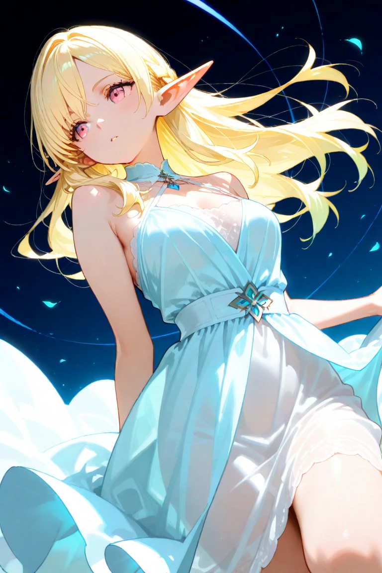 1woman, long blonde hair, green eyes, ear piercing, edgEarPiercing, wearing plain white short dress, small kyoto town, night time, alley with lanterns, absurdres, high res, ultrasharp, 8K, masterpiece, looking at viewer