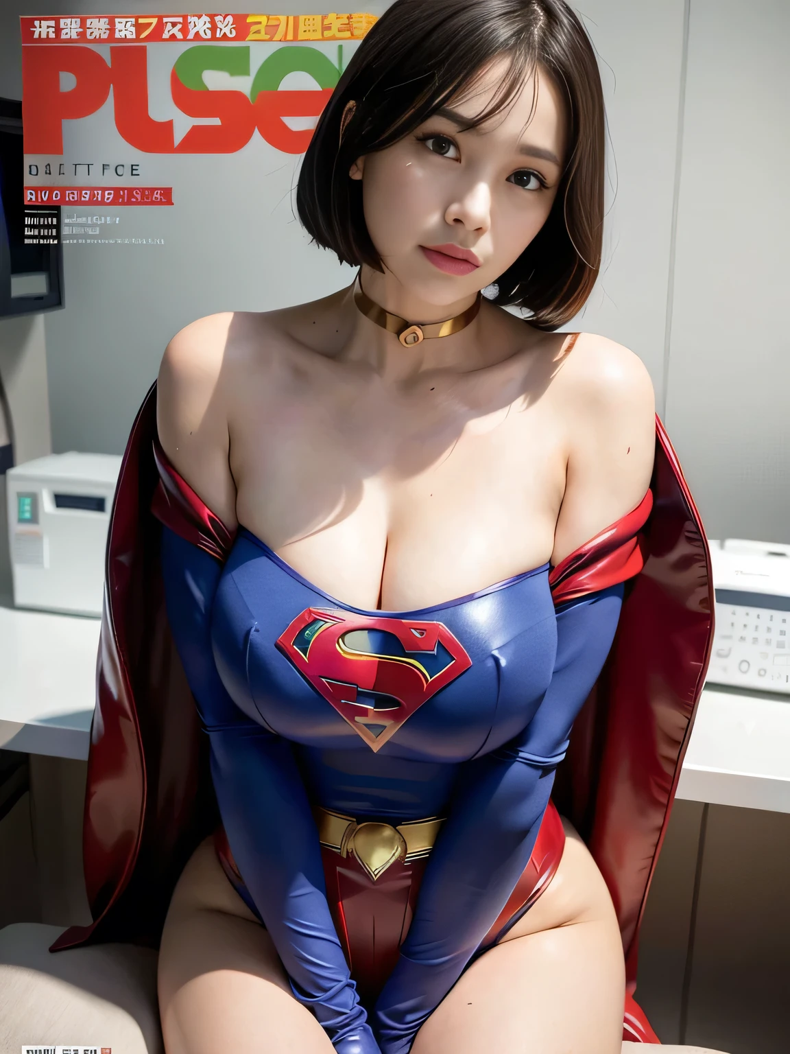 masterpiece、Rubber Supergirl Costume、short hair、Red rubber long boots、Big and ample breasts、looking at the camera、choker、Long sleeve、Cape、mini skirt、Off the shoulder、Sweaty skin、Hospital room、Photo magazine cover、Boasting beautiful legs、ball exercise、Knee-length boots、wallpaper for pc、