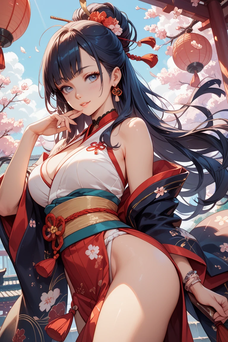 ((Extremely detailed CG unit 8k wallpaper, Masterpiece, high resolution, top quality, top qualityのリアルテクスチャスキン)), (a very beautiful woman, plump lips, upper part of body, Posing like a model:1.5, Japanese style short outer box, Japanese pattern super mini shorts:1.2), (A black-haired one, messy hair, white skinned, Show belly), ((Colored background design, Japanese pattern background, warm color)), (Surreal, number),