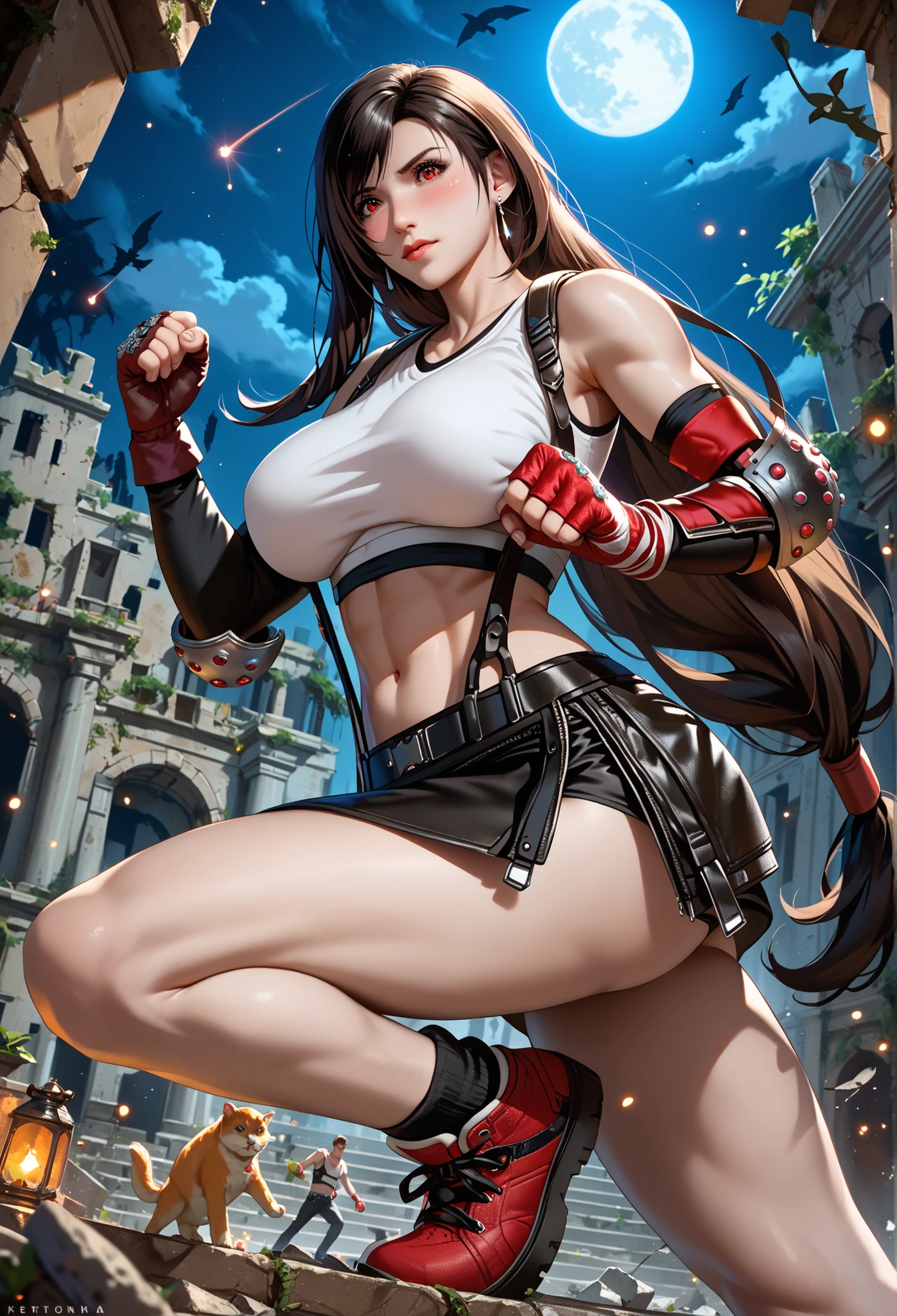 Score_9 , Score_8_up , Score_7_up , ultra highly detailed , best quality , masterpiece , big breasts , big ass , thick thigh , curvy , glamour , embarrassed ,, curvy , glamor , blush , fidget , upward glance , looking at viewer , tifa lockhart , deftif , 1girl , defTif , red eyes , black hair , low-tied long hair , earrings , white sports bra , black suspenders , black miniskirt , arm warmers , black elbow gloves , elbow pads , red gloves , red footwear , dynamic angle , slightly muscular , athlete , night , fighting pose , ruins ,