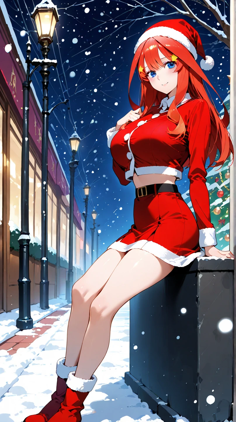 highest quality、((one beautiful woman))、beautiful big breasted woman、straight hair woman、red hair woman、smile、santa claus costume、((woman wearing red santa leotard))、woman wearing santa hat、A woman wearing Santa's cape、Red knee socks、Christmas illumination、Christmas tree、street trees at night、It's snowing、It's snowing、sitting