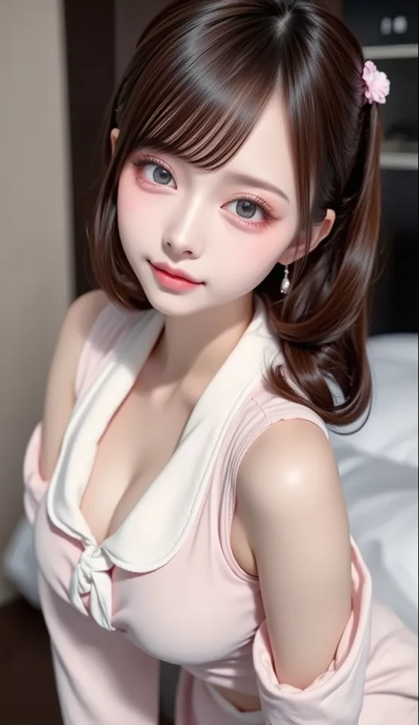 1 female,　28-year-old woman、Pink Hair, Blunt bangs, Hair behind the ear, Hair that falls over the shoulders, Long Hair, Ultra Fine Face, Embarrassed expression、Thin face, Sharp contours、Delicate lips, (Beautiful Eyes:1.5), Lightly reddish, (The eye color is light brown:1.5),See this,Sexy pose、Small breasts、 Ultra-fine needle, very thin fingers, The optimal ratio is four fingers to one thumb., (A thin, tight-fitting white T-shirt:1.5)、(The nipples are clearly visible:1.5)、Pink nipples、(Small round perfect nipples:1.5)、(No bra:1.5)、Tabletop、First Person View,  8k, Super Detail、high quality, 最high quality, High resolution,