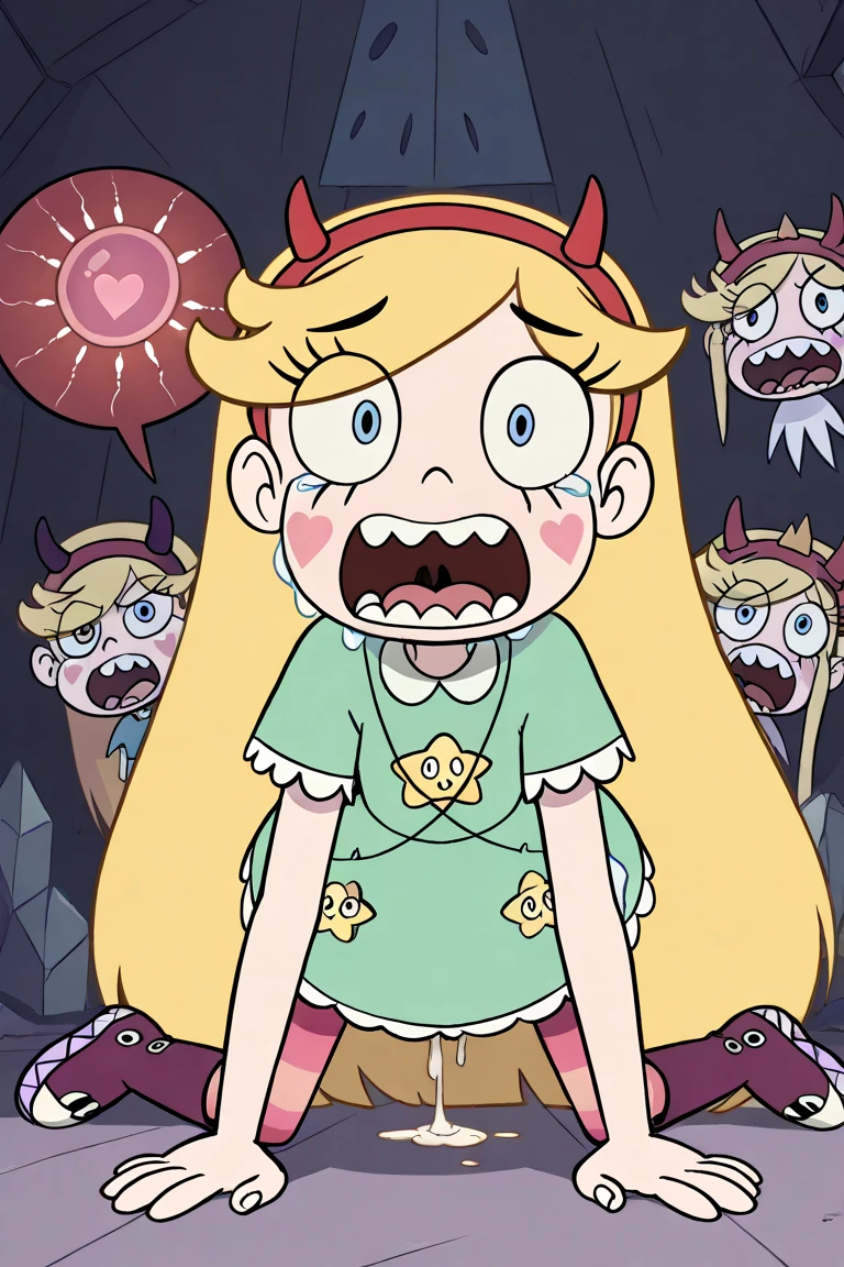 (((inside a stomach))), (vore:1.2), internal vore, stomach acid, partially submerged, full body, clear yellow liquid, bubbles, liquid dripping from above, wet, <lora:Stomach_Interior_PonyXL:1>, fetal position, full body, struggling, kicking, holding knees, arms wrapped around legs, exhausted, scared, worried expression, looking down at breasts, crying, gritting teeth, eyes closed tight, <lora:starpony:.4>, starbutterfly, 1woman, mature woman, adult sized body, skinny body, large breasts, wide hips, thick sexy lips, blonde hair, horned headwear, hairband, long hair, solo, heart, blue eyes, facial mark, very long hair, blush stickers, teal dress, striped pantyhose, singular boot, torn clothes, ripped clothes, (areola slip, exposed skin, (torn clothes:1.5)), sopping wet hair, wet body, <lora:StS_detail_slider_v1:1>, zPDXL, zPDXLxxx, cramped space, <lora:Adventure_Time_Style_LORA:1>, adventure time, dot eyes