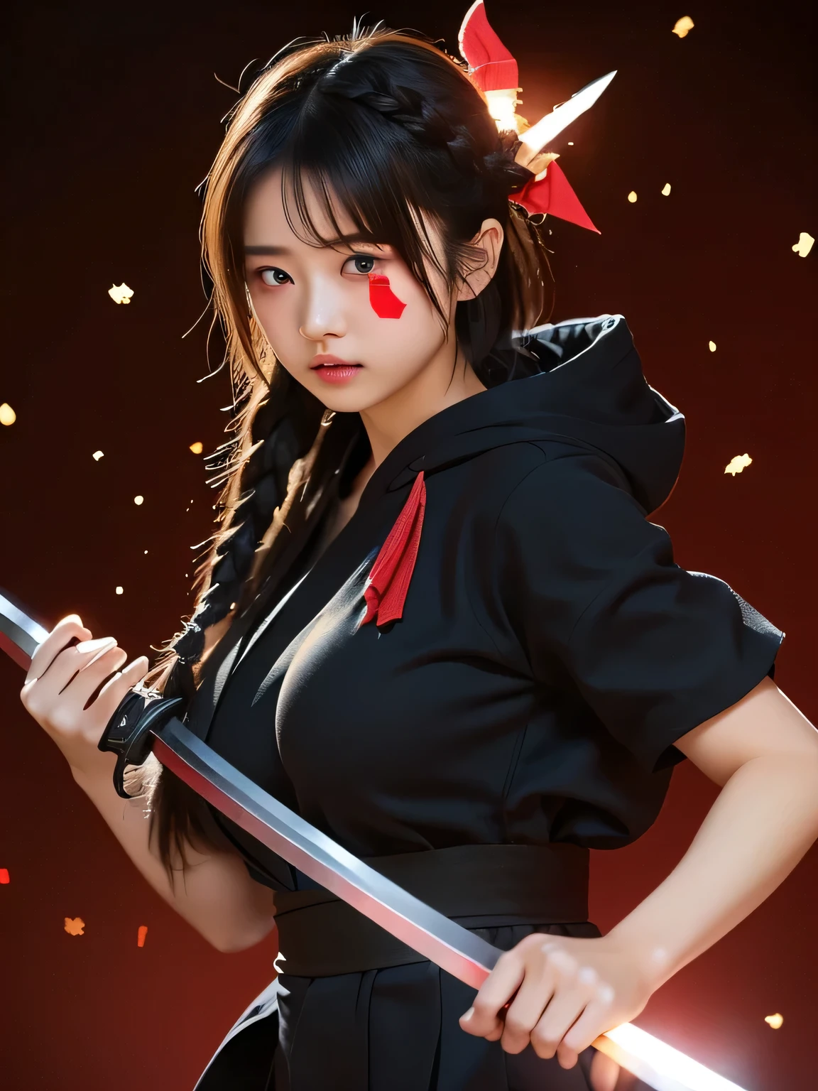  niece、(The all-black Kunoichi costume integrated with the hood)、(((Big Breasts)))、I'm hiding my mouth with a cloth、(((Background is solid red(((flash effect)))、(((Swordsman's Eyes )))、Braided Hair、、 I Have Kunai 、