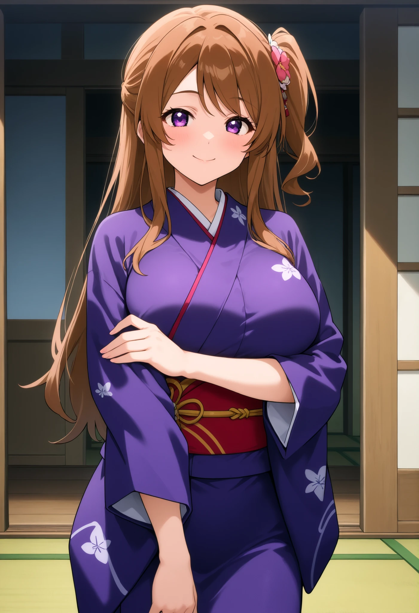 higurashikira, anime screencap, anime coloring, cowboy shot,
1girl, solo, tall female, toned female, brown hair, long hair, one side up, swept bangs, long sidelocks, purple eyes, huge breasts,
purple kimono, red obi,
looking at viewer, smile, hand on arm, standing,
outdoors, tatami, noon,
(masterpiece, best quality, absurdres, highres, newest, very awa, year 2024:1.2)