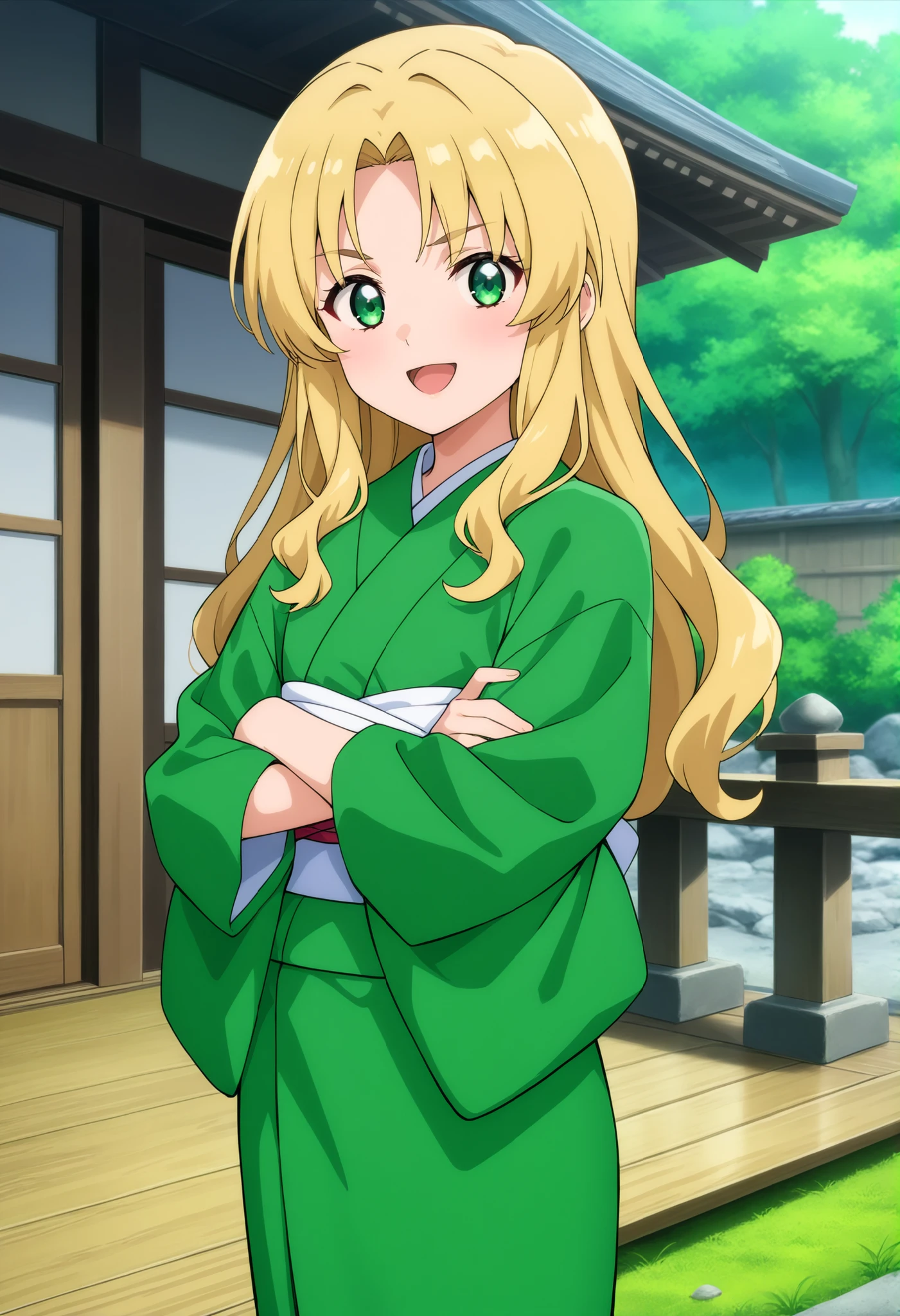 higurashikira, anime screencap, anime coloring, cowboy shot,
1girl, solo, short female, toned female, beige blonde hair, long hair, layered hair, parted bangs, medium sidelocks, green eyes, flat chest,
green kimono, white obi,
looking at viewer, smile, open mouth, crossed arms, standing,
outdoors, tatami, noon,
(masterpiece, best quality, absurdres, highres, newest, very awa, year 2024:1.2)