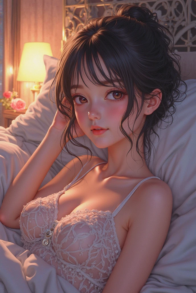 ((Browsing Caution:1.4, masterpiece, Highest quality, High resolution, 超High resolution, Pixel perfect, Written boundary depth, 4K, RTTX10.0, High resolution))), One Girl, single, alone, she, Beautiful Anime Girls, Beautiful art style, Anime characters, (((((Mid-length hair、Brown Hair、lure))))), ((Beautiful eyelashes)), ((Detailed face, Blushing:1.2)), ((Smooth texture:0.75, Realistic texture:0.5, Anime CG Style)), ((Beautiful and large breasts, Cleavage)), indoor, Bedroom, Dynamic Angle, Big Breasts, Perfect body, Underarm, ((Sleeping in bed, (Sleep on your back:1.5), sleepy, close your eyes, Lying in bed, Sleeping posture, Wake up)), ((close, throw, cute, Shoot the body, Sighing expression)), ((pink bra color, Pink Lingerie)), (Natural light, Reflection of light, Morning Scenery), Embarrassed expression, (Expression of sexual pleasure:1.8), (Expression of unbearable pain:1.2), The expression of someone who is holding back from going to the toilet, twist, Raise your hand