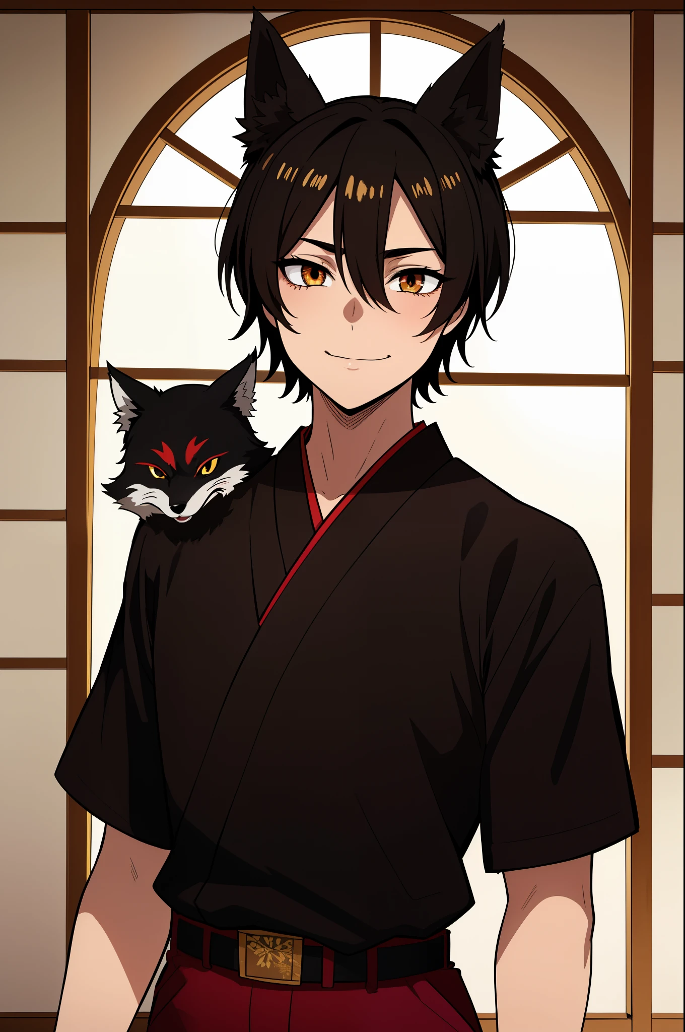 (high-quality, breathtaking),(expressive eyes, perfect face), symmetrical eyes, 1boy, male, solo, young adult, black hair , gold coloured eyes, gentle smile, short hair, loose hair, hair between eyes, japanese clothing, black shirt short sleeved with a red trim, black and red shorts, brown belt, black fox ears, mischievious, trickster,