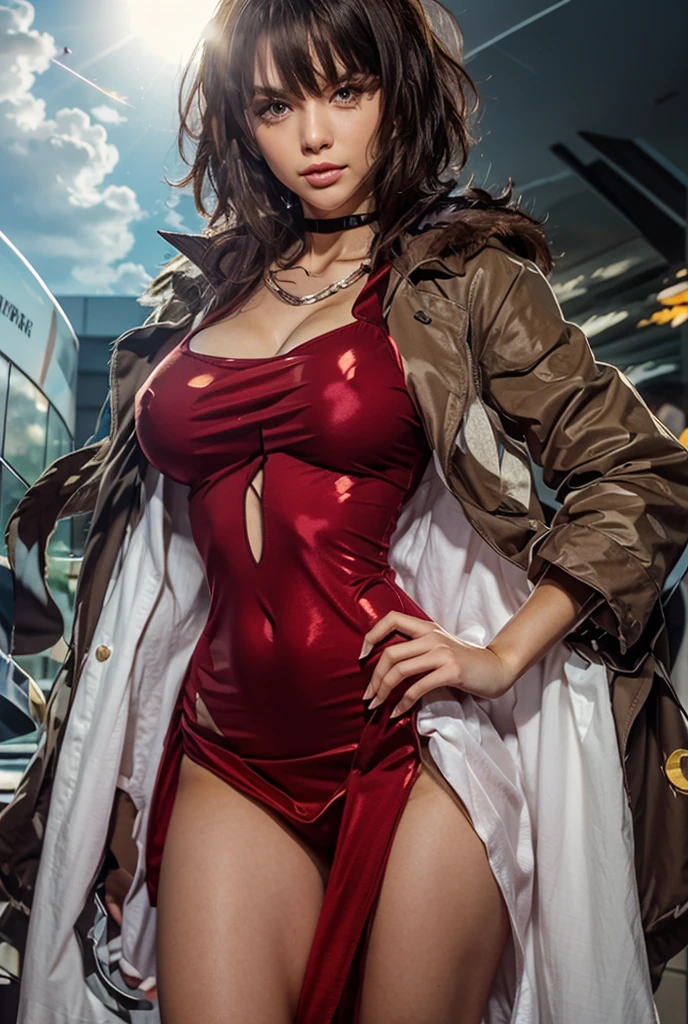 (8k, Foto RAW, Qualidade Superior, master part: 1.2), (Realistic, photoRealistic: 1.37), (latex Fantasia de Papai Noel, colante vermelho de papai noel), red santa claus hat, capa vermelha de papai noel, white pantyhose, Street trees at night, Christmas tree, Luzes de Natal, Winter scenario、Um grande sorriso , professional lighting, photon maping, Athletic body, radiosidade, seios enormes, solo 1 pessoa , pose de modelo sexy