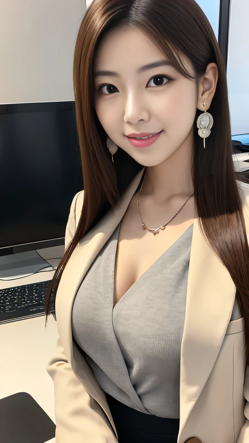 Beautiful young woman、 Dark brown hair、、Wavy Hair、Working in front of a computer、Necklace around the neck、Office Lady Suits、Jacket、Unbuttoned shirt、Flashy makeup、smile、Beautiful teeth alignment、short hair、Intricate details, Very detailed:1.2), 、 Looking into the camera,The background is the office、Necklace around the neck、Dark eyeliner、ear piercing