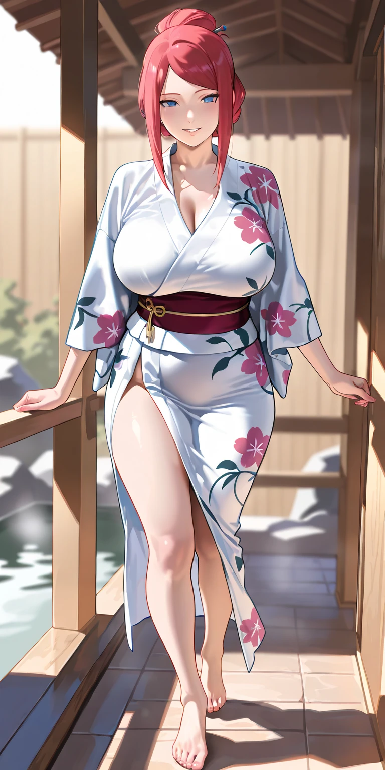 solo, long hair, breasts, looking at viewer, blush, bangs, large breasts:1.6, hair ornament, cleavage, blue eyes, full body, clip on hair, laughter ,parted lips, japanese clothes, kimono, mole, mole under eye, kushina ,curve body,milf,motherly,mature female,night sky ,standing , leaning toward front,cross hand holding kimono,untied kimono, cowboy shot,kimono off the shoulder,oil skin, Milky white skin,wet dress ,wet body,sweating,