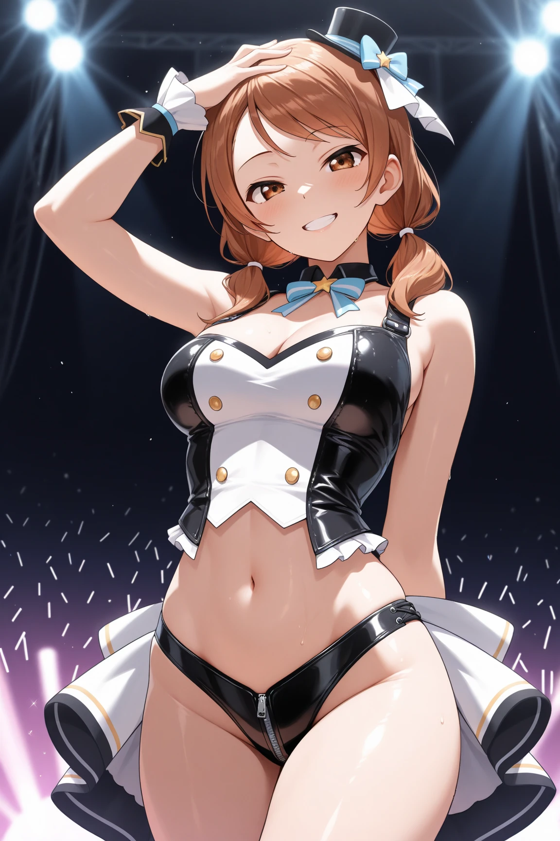 a woman wearing a white idol dress with orange details, orange bow on the dress, exposed thigh, small hat on her head with an orange bow, yellow eyes, short brown hair, exposed breasts, exposed abdomen, white gloves.HDR, ultra resolution, well defined, masterpiece, 8K HD. (solo woman)