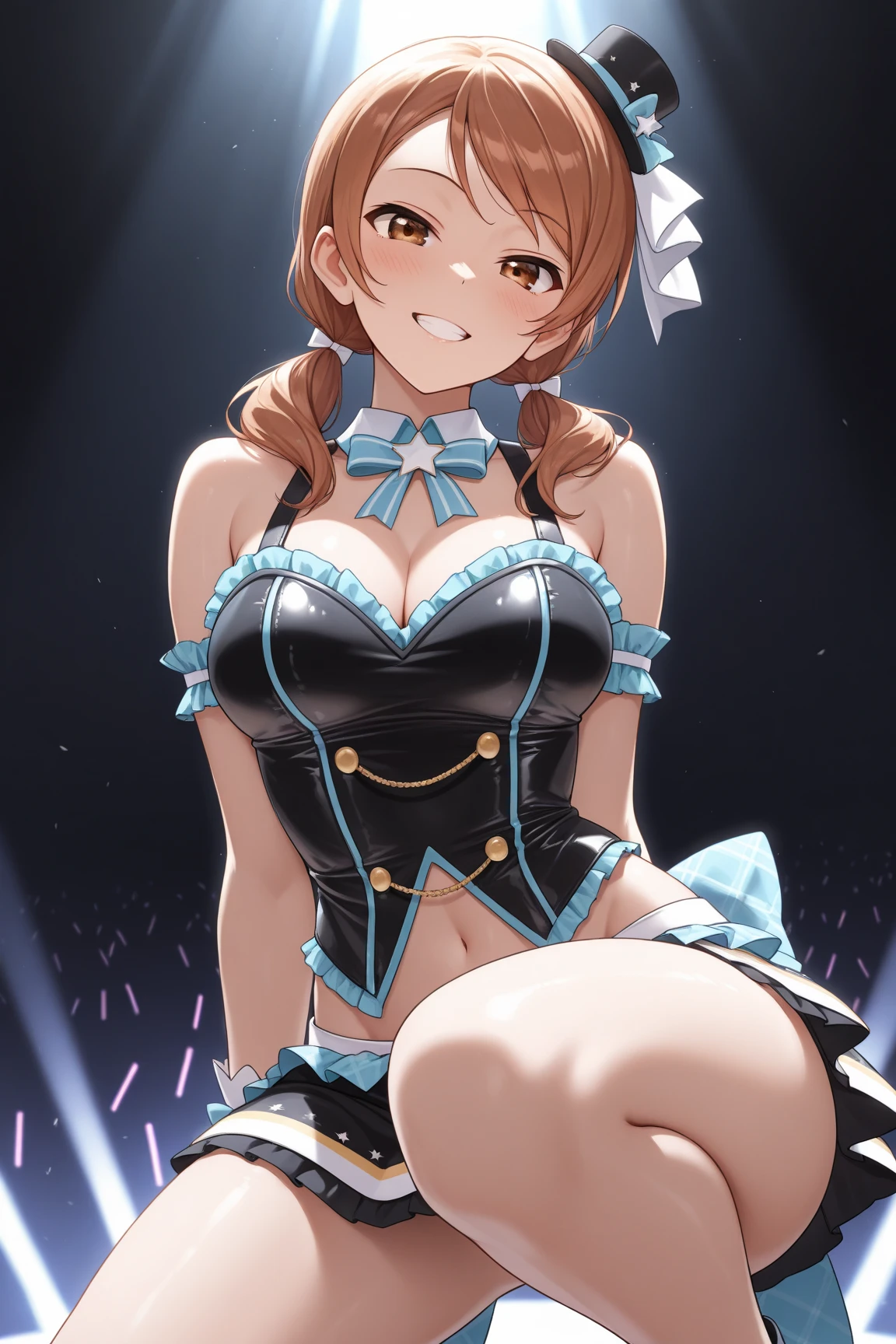 highest quality、All limbs、full finger、Slender beauty、straight hair、brown hair、Delete Blue, white and navy idol costume、high socks、beautiful big breasts、live stage、sing、microphone, dancing、big smile、(white horizontal lace panties:1.1), skirt lift, show off panties, (shirt lift:0.5), (show off bra:0.7)