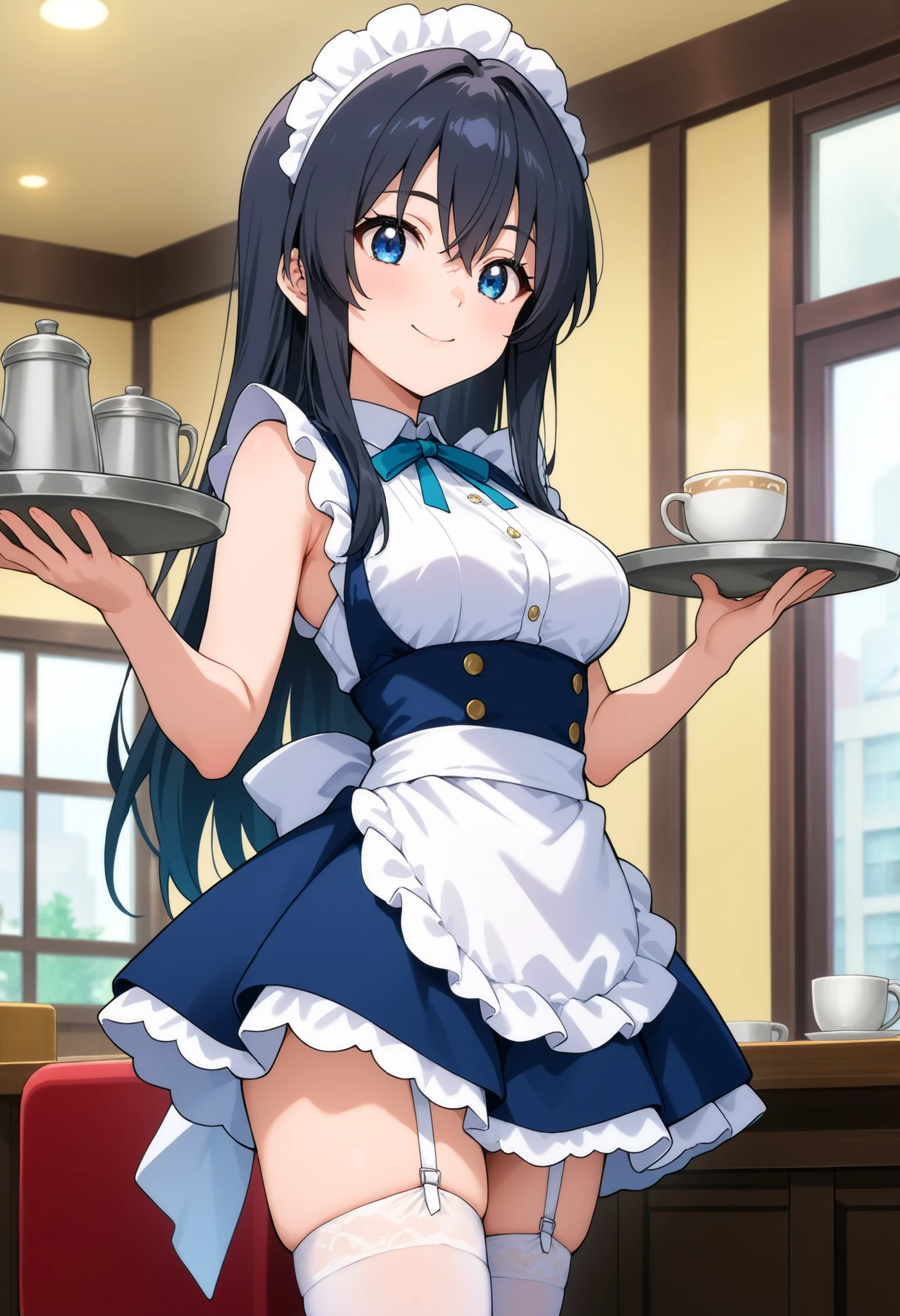higurashikira, anime screencap, anime coloring, cowboy shot,
1girl, solo, medium female, toned female, black hair, long hair, bangs, hair between eyes, long sidelocks, blue eyes, medium breasts,
maid uniform, maid headdress, sleeveless blue dress, blue neck ribbon, maid apron, white garter belt, white thighhighs stockings,
looking at viewer, smile, holding tray, standing,
indoors, cafe, afternoon,
(masterpiece, best quality, absurdres, highres, newest, very awa, year 2024:1.2)