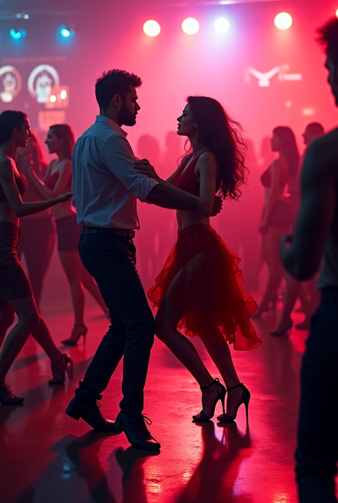 A dancing floor people wearing modern dresses dancing in it and lights are coming out from top to them