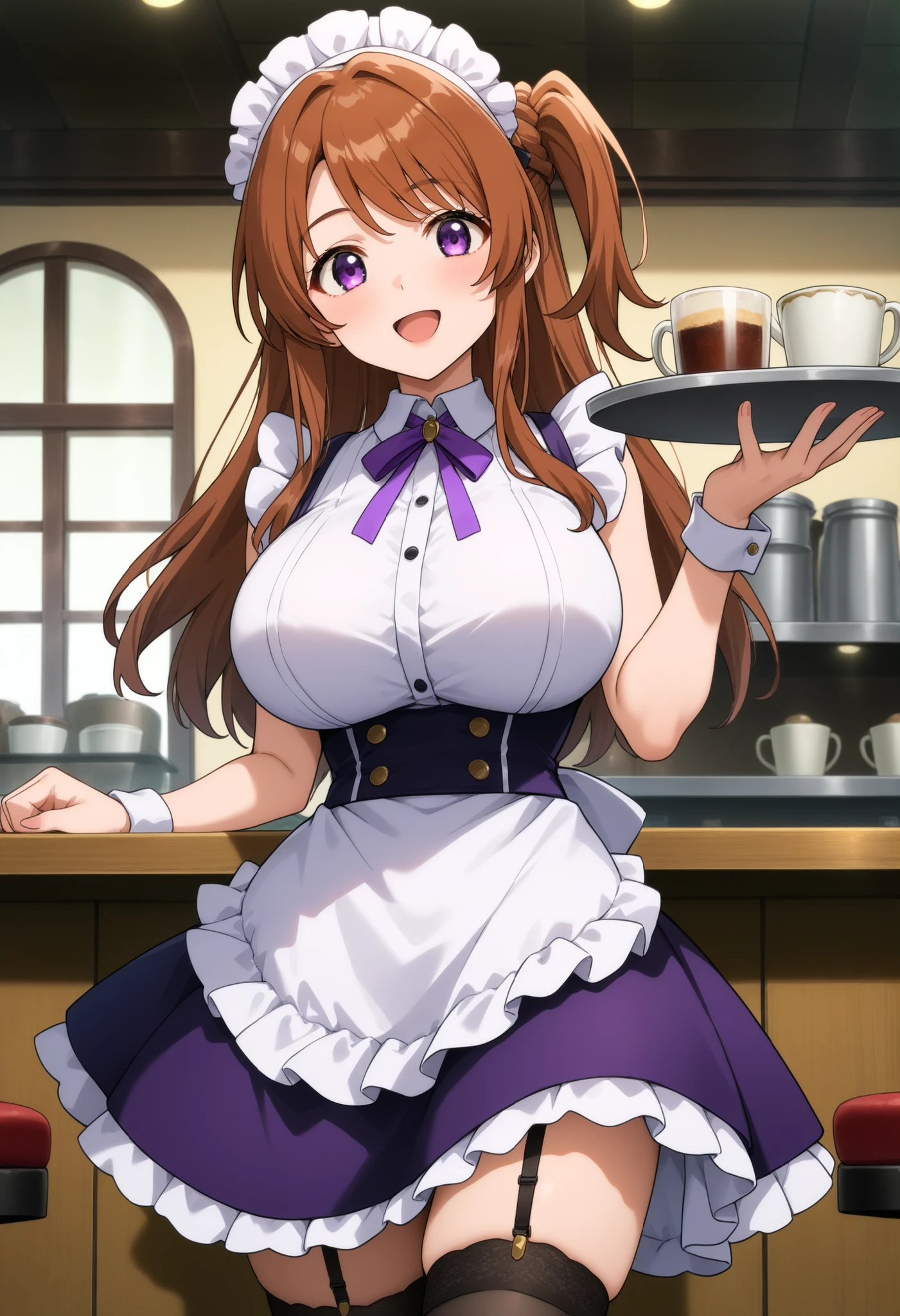 higurashikira, anime screencap, anime coloring, cowboy shot,
1girl, solo, tall female, toned female, brown hair, long hair, one side up, swept bangs, long sidelocks, purple eyes, huge breasts,
maid uniform, maid headdress, sleeveless purple dress, purple neck ribbon, maid apron, black garter belt, black thighhighs stockings,
looking at viewer, smile, open mouth, holding tray, standing,
indoors, cafe, afternoon,
(masterpiece, best quality, absurdres, highres, newest, very awa, year 2024:1.2)