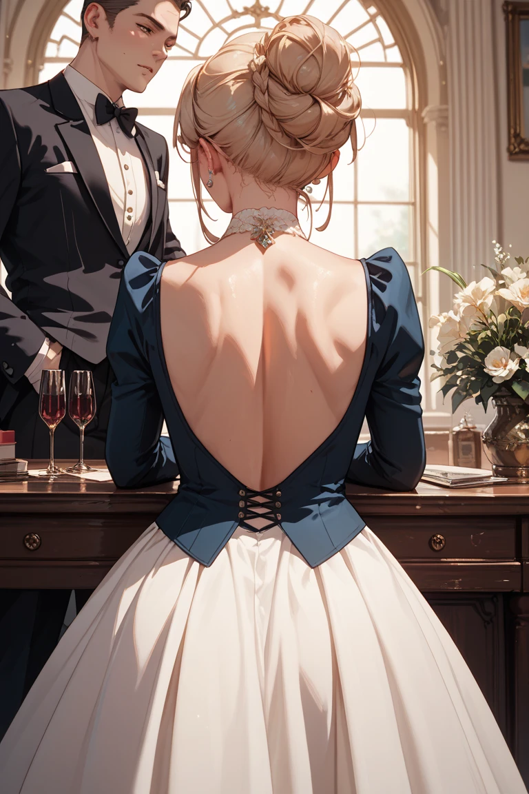 A blonde girl standing while facing towards camera, beautiful blonde girl, a boy standing facing towards girl, handsome ((boy's back towards camera))