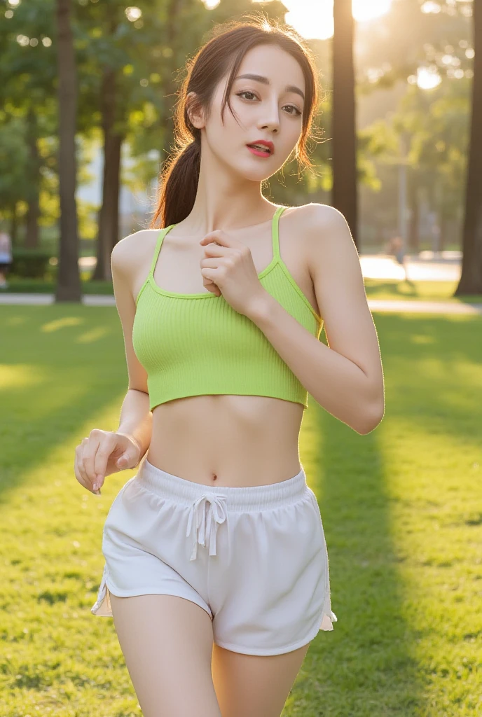 masterpiece, highest quality, High resolution,,A girl standing in a park, alone,Brown Hair, Small earrings Long hair, Sports Style,outside,Pants Style,Aqua Eye,morning,Best lighting,sun,Girl in sportswear,,Girl in running shoes,clavicle,Tall,Flat Chest,smile,Viewer's perspective,Japanese