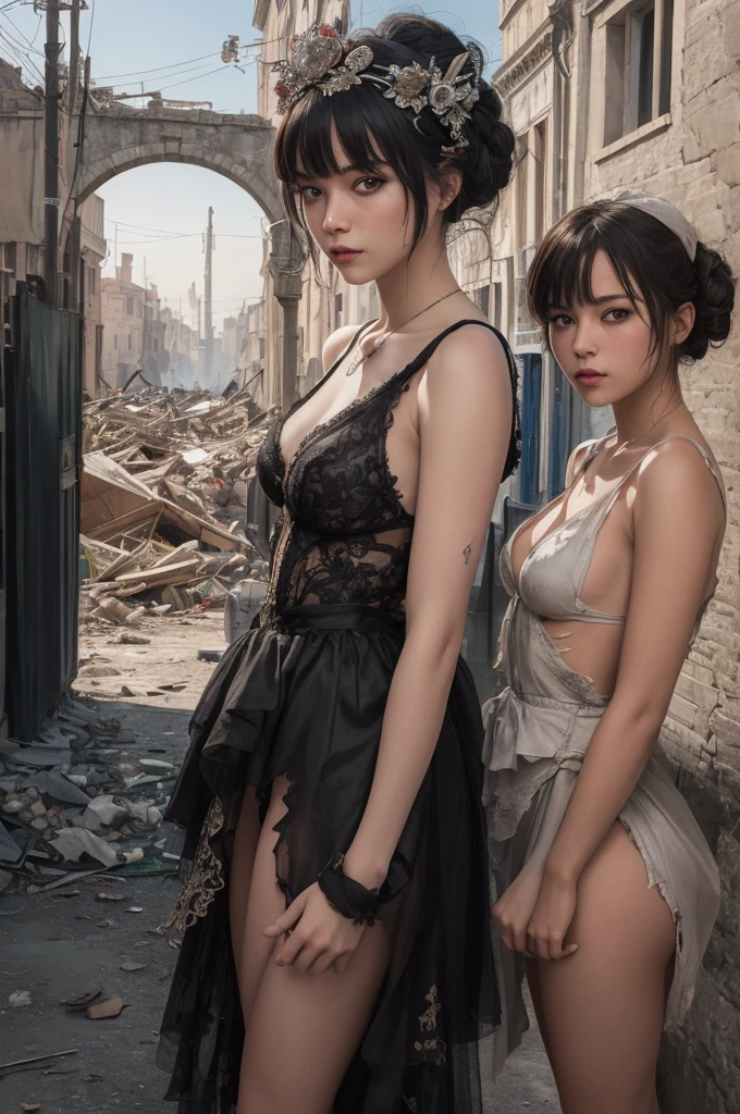 (masterpiece:1.3, Highest quality, Ultra-high resolution, Super detailed), (Realistic, photoRealistic:1.4), Perfect lighting, colorful, Depth of written boundary, Browsing Caution, Surrealism,((Pose with a gun and sword:1.3)),Beautiful detailed hair, Beautifully detailed face, Beautiful fine details, Beautiful valley,Beautiful clavicle, Beautiful body, thin脚,Beautiful feet, Beautiful breasts,Beautiful Hands, thin, 1 girl,Perfect Face, Long eyelashes,21 years old,Perfect Anatomy, Supermodel with a long neck,((Skinny1.3)),looking at the camera,(Perfect Anatomy,Anatomically correct, Highly detailed skin), Shiny skin,((beautiful girl:1.1)),(( large breasts:1.4)),(Mid-length hair:1.4, Wavy Hair:1.2, silver hair) ,hair over one eye, Dainty facial structure,((Happy smile:1.3)),(( ((wearing(black)Maid clothes:1.3 )),criss-cross halter,Daytime,Tokyo, filled with people crossing the streets. Tall buildings with colorful billboards and advertisements surround the intersection. Bright and lively atmosphere, clear skies, and a sense of movement and energy in the scene,Front view,((knees up:1.2)),((wind effect)),