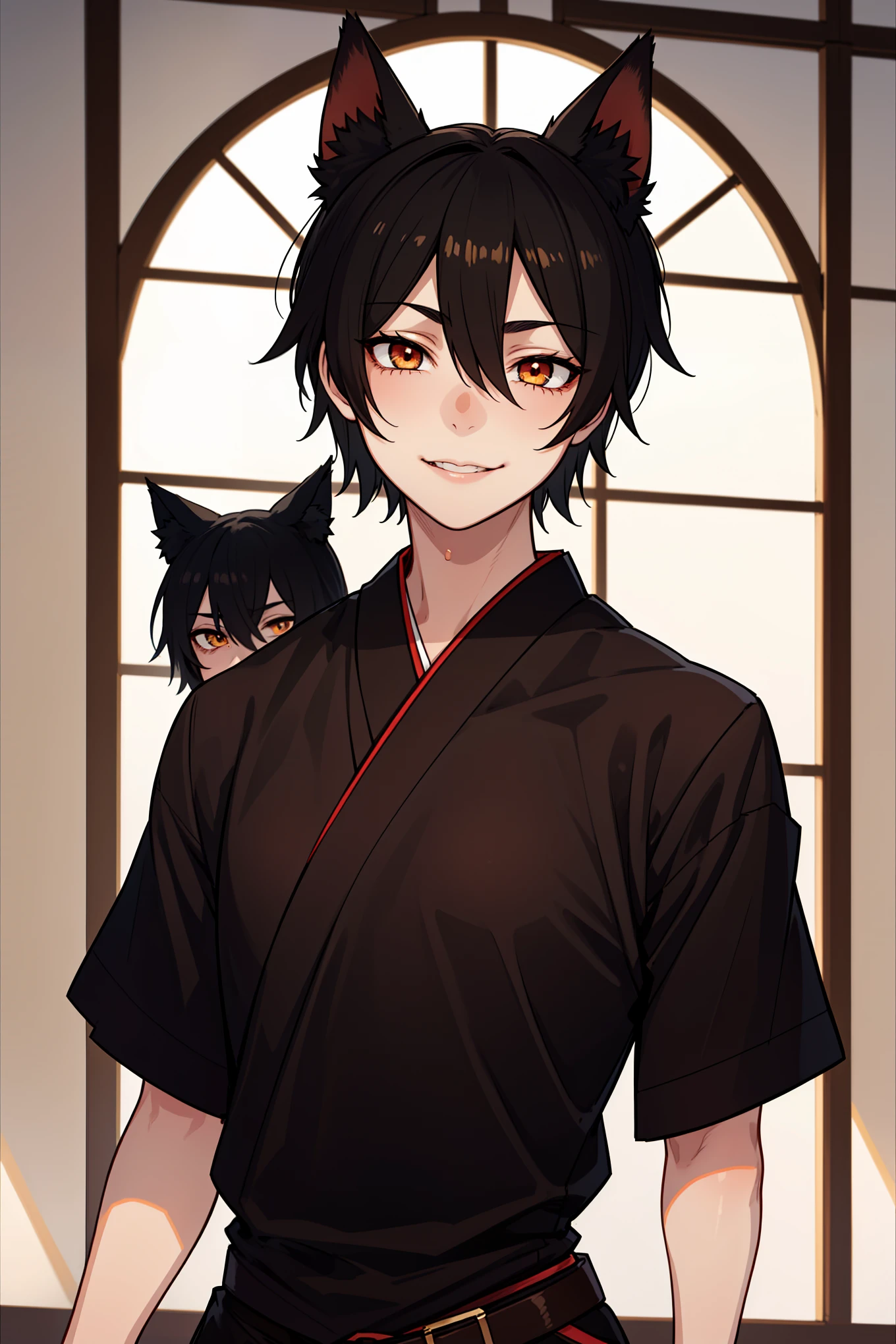 (high-quality, breathtaking),(expressive eyes, perfect face), symmetrical eyes, 1boy, male, solo, young adult, black hair , gold coloured eyes, gentle smile, short hair, loose hair, hair between eyes, japanese clothing, black shirt short sleeved with a red trim, black and red shorts, brown belt, black fox ears, mischievious, trickster, 
