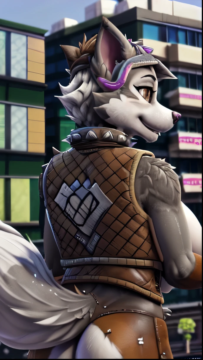 Gasket, ((Paw Patrol)), ((female solo)), domestic dog, female, adult female, brown eyes, (((gray fur)), ((gray body)), ((wearing long goggles over head)), (wearing spike collar:1.25), (wearing brown leather open vest:1.85), (wearing black tank top:1.85), (white hair), ((large breasts)), ((huge breasts)), ((hyper breasts)), ((huge nipples)), ((large areola)), ((huge areola)), ((sharp teeths)), ((large fangs)), (feral:1.45), (quadruped:1.45), brown eyes, (Shiny eyes:1.9), ((Pixar eyes)), perfect eyes, ((glowing eyes)), (hyper realistic:1.65), (long fluffy tail:1.25), (very large tail:1.25), tail up, very furry and fluffy, ((very large fangs)), smiling, perfect ligthing, (GTA6 city background:1.65), ((many hearts all over the screen)), (rear view:1.65), looking at Viewer, ((seductive break)), ((spread legs)), spread legs, (standing:1.65), standing, (rajii:1.1) (dimwitdog:1.1), (thesecretcave:1.25), (cooliehigh:1.1), (miles-df:1.1), (complextree:1.1), (pixelsketcher:1.1), (foxovh:1.1), (zaush:1.1), (avante92:0.70), (meesh:1.1), (inu-sama:0.80), (cervina7:1.1), (F-R95:0.70), (R-mk:1.1), (xpray:1.1), (3D render:1.10)