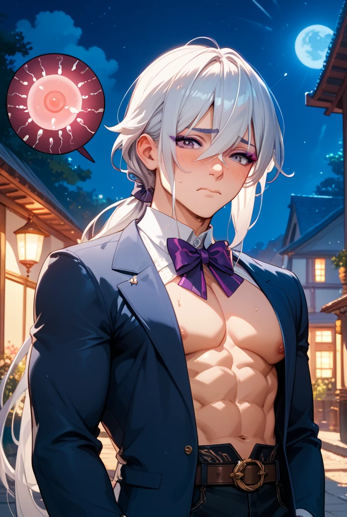 Ultra detailed, Highres, absurdres, HDR, Komaeda Nagito, white hair, expressive light green eyes, black long coat with patterns with a hoddie, Danganronpa, pink flowers, petals, handsome, sexy man, solo, very detailed eyes and face, park, fountain, black pants, cherry blossoms, black tight t-shirt, master piece, smirking, toned chest,