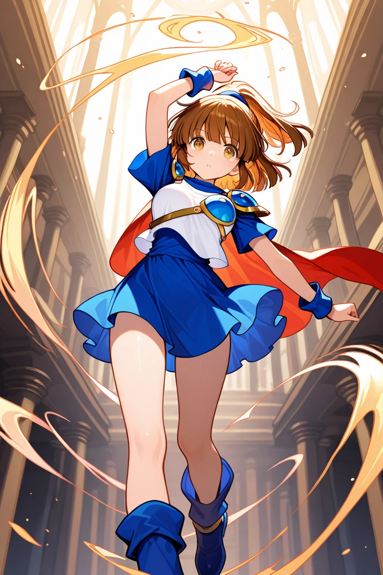barbara open thighs,purple eyes,orange hair,long hair,high ponytail,earrings,(cape:1.2),(light blue dress:1.4),belt,elbow gloves,(yellow gloves:1.2),(socks:1.1),boots,,skirt wind, 1girl, sundress,(white panties),(shoot from below),wind from below,