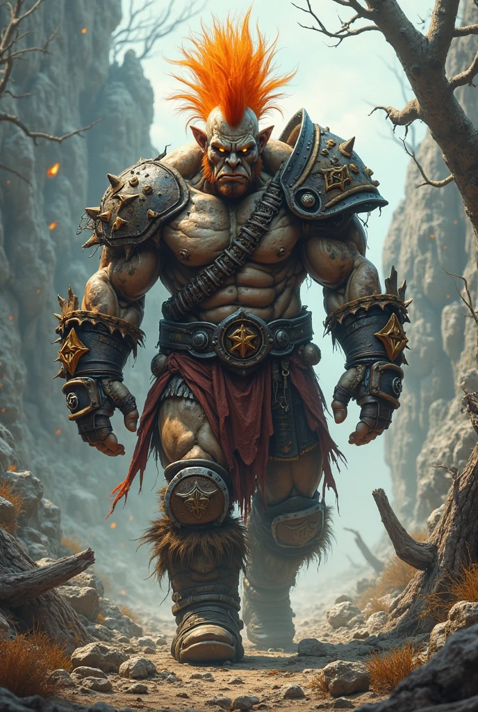 score_9, score_8_up, score_7_up, best quality, 1boy, solo, g@rrosh_hellscream, orc, brown skin, nose piercing, tattooed body, muscular, bara, armor, hold axe, standing, calm, on battlefield, looking to viewer,