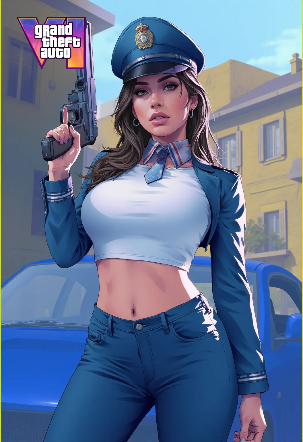 Cartoon style digital illustration Jennifer Connely in sesy police uniform with beautiful medium sized breasts black hair Cartoon style digital illustration cleavage and sesy pose portrait mode 