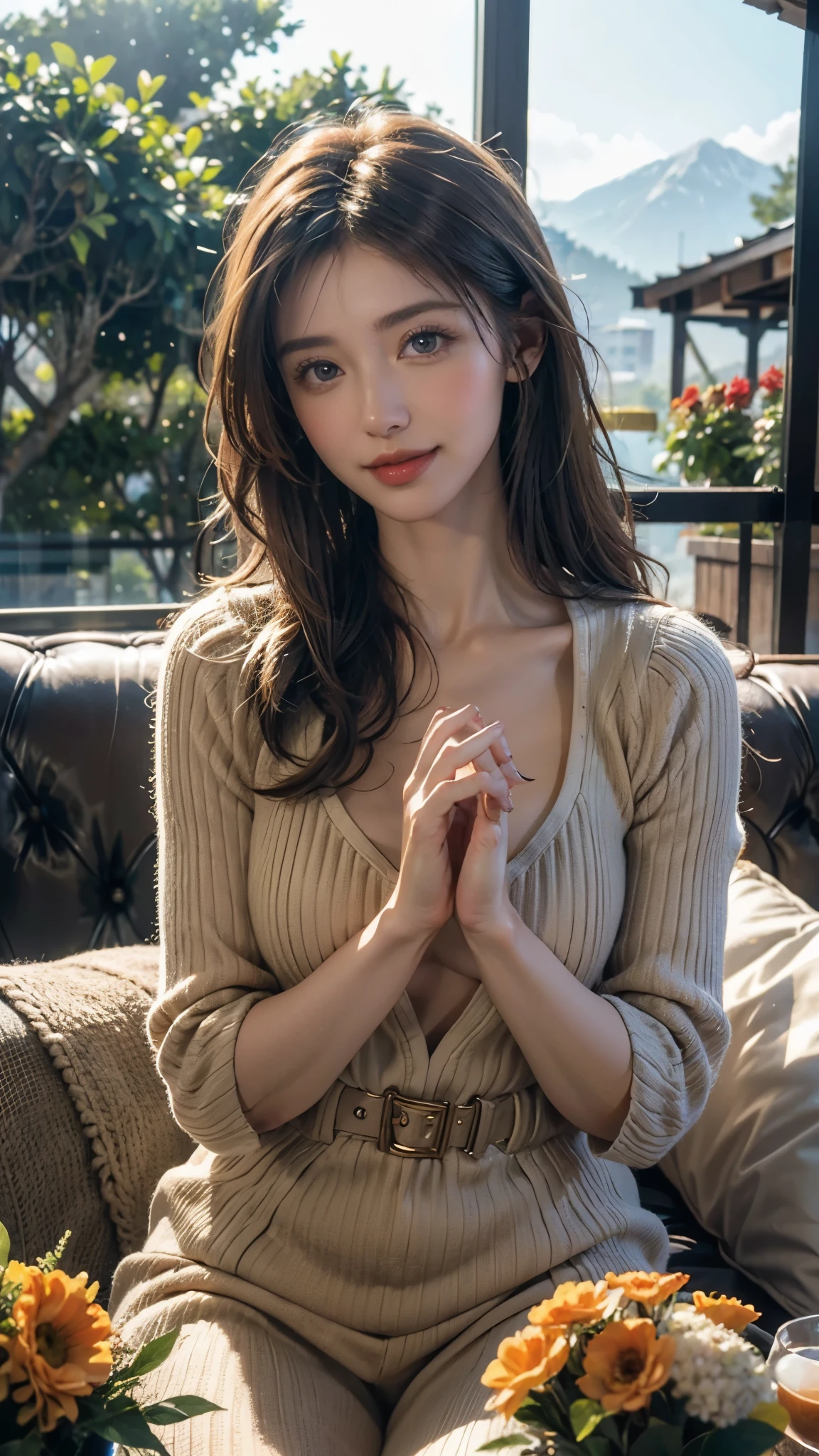 collection of sexy photographs,Lion's hair, japanese sexy gal,false eyelashes,Naked and wearing a coat,cleavage,sitting:1.3
