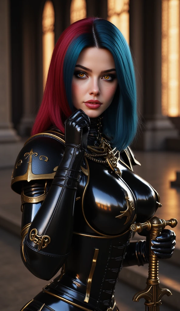Pretty Woman, 25 ans, dans un mode fantaisiste, Dream, bionde, blue eye, paint explosion in the background, HD, masterclasse, masterpiece, gold and silver armor, Style Steampunk, rainbow hair