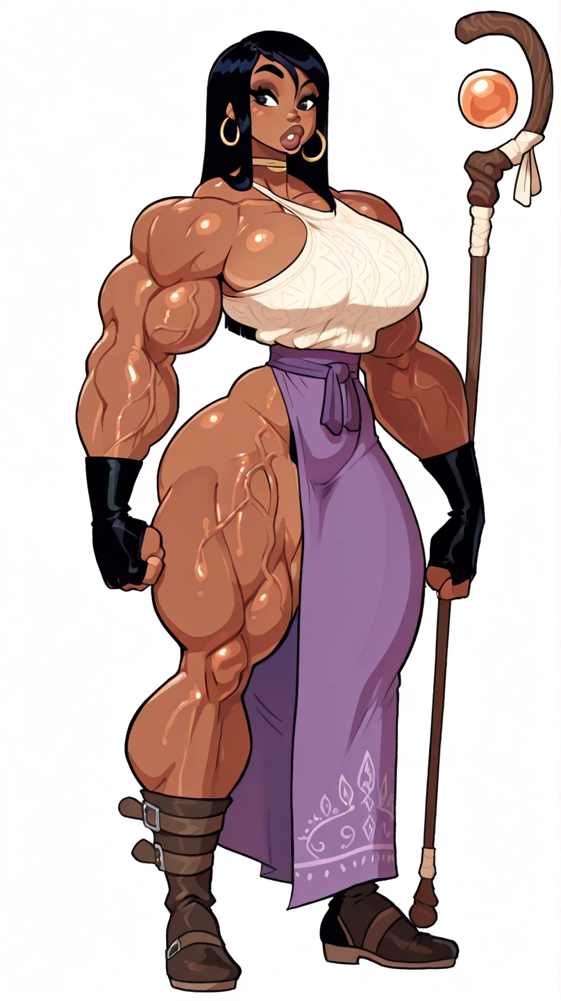 bandana, tomboy, curvy, huge breasts, muscular female, thicc, thick arms, thick thighs, living hair, short hair, dark-skinned female, bloomers, leotard, holding hammer, open mouth, blush,teeth,,green eyes, thick eyebrows, black hair, hair bobbles, wince, longeyelashes, solid circle eyes, , light smile, ear blush, fang,, drop shadow, anaglyph, stereogram, tachi-e, pov, atmospheric perspective, 8k, super detail, ccurate, best quality,, red bloomers, red bloomers, pantyhose, full body, standing,UHD, retina, masterpiece, ccurate, anatomically correct, textured skin, super detail, high details, high quality, award winning, best quality, standing, refsheet, gauntlets, holding hammers,black bodysuit, dark-skinned female, full body, feet