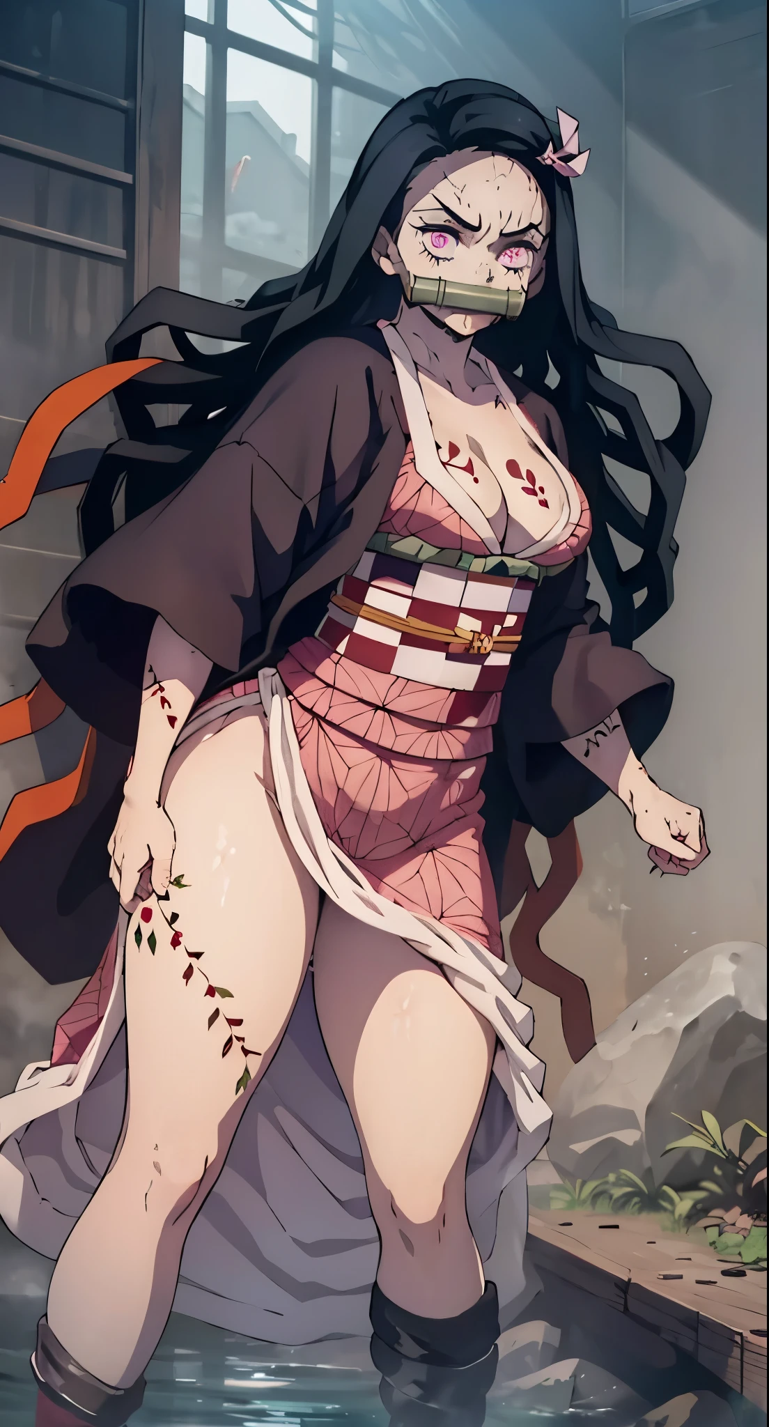 rialistic photo、Real Images、Top image quality、masterpiece, (Pink kimono), seductived faced, Kamado nezuko with horns、The hem is disheveled, revealing white panties.、A sexy、Crotch open、blanche、good lighting, beautiful thigh、adult appeal、Adults、Big、cleavage, finely detail, masterpiece,I can see my panties、 radiant eyes, 1girl in, A dark-haired, SUCK, Kamado Nezuko, wisteria background, masterpiece, top-quality, POV,,
