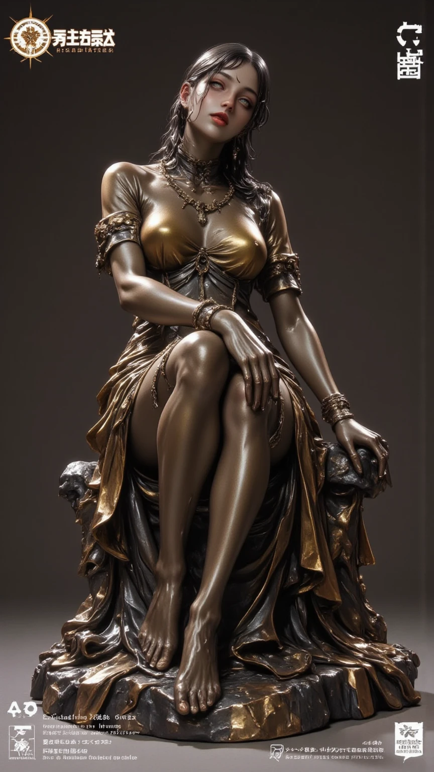 (Masterpiece, Top Quality, Best Quality, Official Art, Beautiful and Aesthetic: 1.2), (An Egyptian queen), Detailed, Gold and gem-encrusted throne, Luxurious robes made of finest linen, Exquisitely painted facial features, ((Long, curly black hair)), Legs stretched out, Beautifully manicured soles, ((Golden sandals adorned with precious gems)), Side view, Atmospheric perspective, Golden light filtering in from the window, Chiaroscuro, Cinematic lighting, Ray tracing, Character sheets, Projected inset, Third person perspective, Hyper HD, Accurate representation, Awe-insp