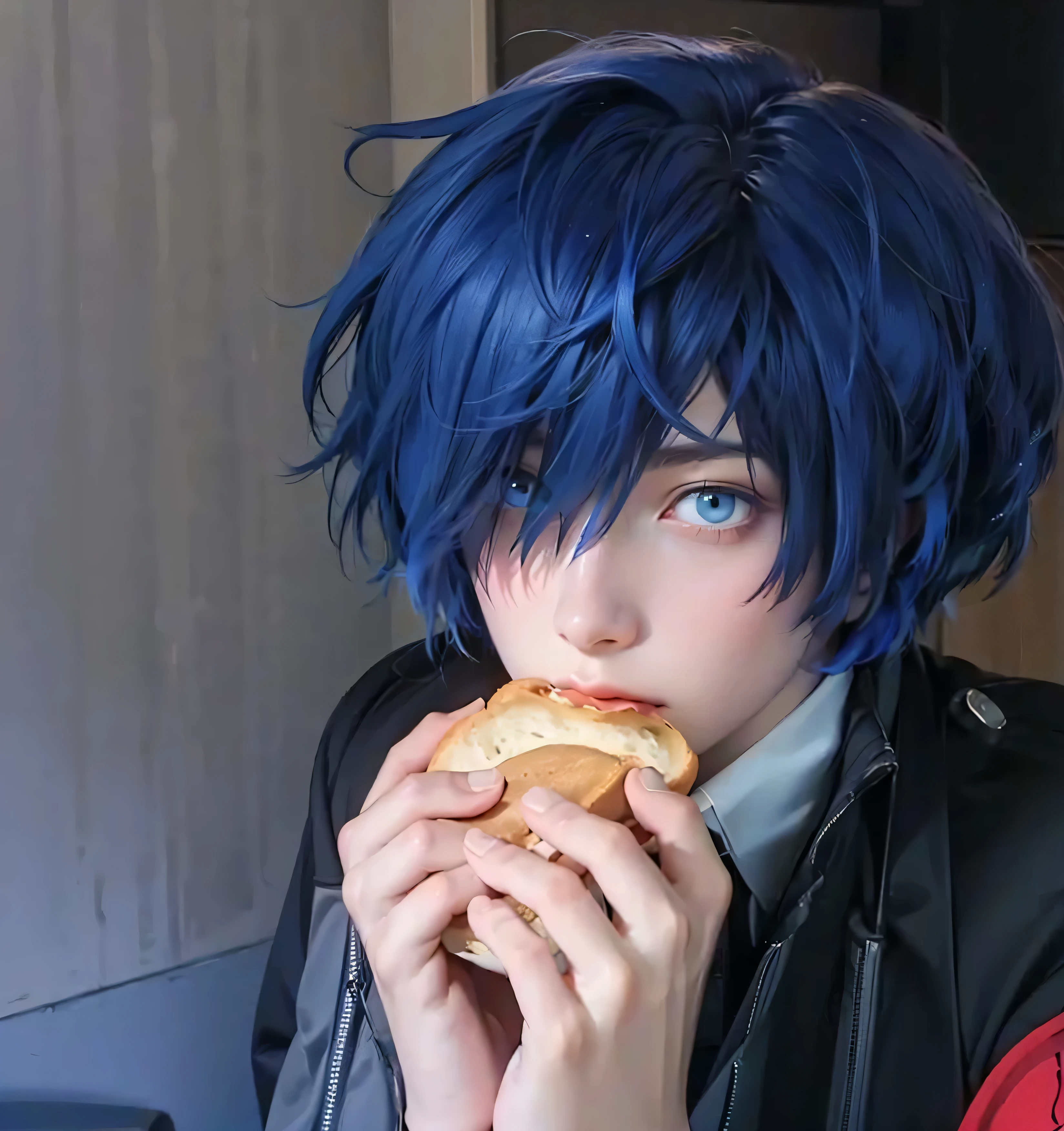 ((YUKI MAKOTO_PERSONA 5),((realistic, photorealistic)),(highlight hair)), Light reflection, (( HD )),((upper body)), (((best quality, masterpiece))), (masterpiece) (best quality) (detail) (8k) (HDR) (wallpaper) (cinematic lighting) (sharp focuasterpiece, best quality: 1.1), Real life adaption of this character, Asian beauty face, Shining Purple eyes, realistic outfit, realistic shadow, realistic light, realism, hyper realistic, realistic background,(photorealistic:1.2), (masterpiece, top quality, best quality, beautiful and aesthetic:1.2),(8k, best quality, masterpiece:1.2), (((masterpiece))),(((best quality))),(((extremely detailed))),who, (masterpiece, top quality, best quality, beautiful and aesthetic:1.2),(8k, best quality, masterpiece:1.2), ((masterpiece,best quality)), masterpiece,best quality,amazing quality, very aesthetic, (masterpiece),masterpiece, best quality, absurdres, perfect anatomy, masterpiece, yuki makoto, hair over one eye, school uniform, jacket, ribbon, armband, digital media player, blue hair, blue eyes
masterpiece, best quality, absurdres, night, blank expression,Eating Bread, room background, white door,Monitor light,