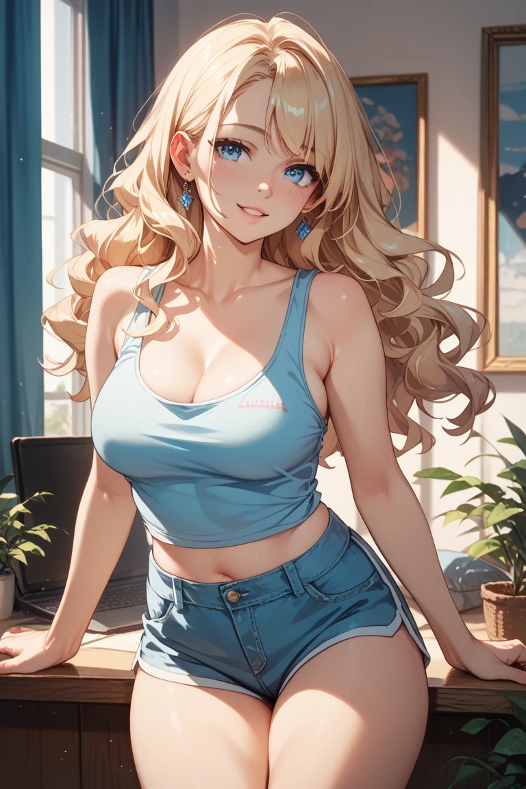 ((masterpiece, best quality, highest quality, ultra-detailed, 32K cg wallpaper, high resolution)),1 woman,golden hair,light blue eye,very long ponytail hair,center parted bangs,huge breasts,smile,parted lips, light green camisole, bare shoulders, cleavage, crop top, cutoffs, white shorts, midriff, short shorts, spaghetti strap, standing,from left in front,bed side,