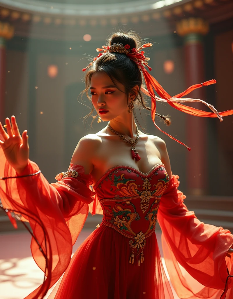 ((Best quality)), ((masterpiece)), (detail), exotic_dance,1girl,people dancing,only, dunhuang fabric,dunhuang style,dunhuang_bottom,dunhuang skirt, detailed hands, detailed skin, detailed light, detailed face, detailed trees, detailed 5-fingered hand, detailed fabric color, similar face file:///D:/C/Desktop/e%20duong/z5728321478468_c48a1434d8a229637008870c5a128975.jpg