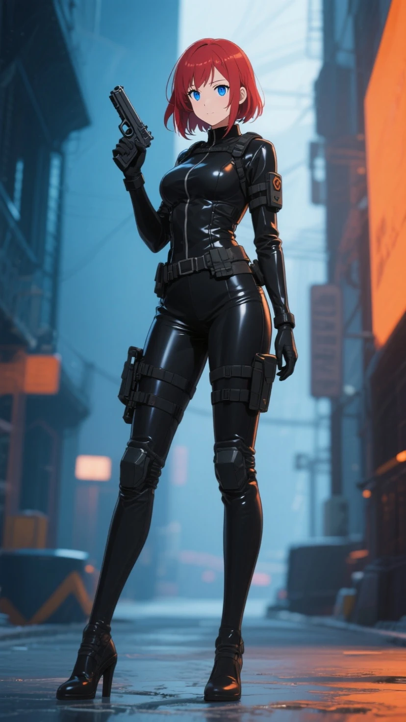 robot girl with a mechanical body, yellow bright eyes, and a white bob haircut covered by a black gas mask. She is standing solo, full body, with hands on hips, feet together, viewed from below. Features a leather choker, big belt, bracers, and a tiara.