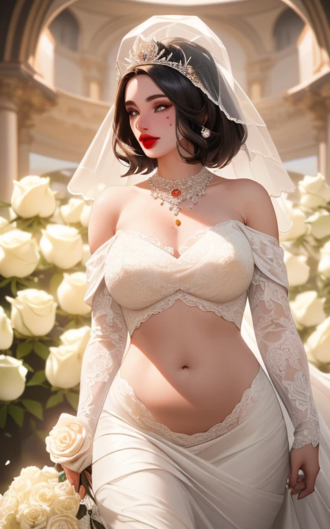 1 girl,standing posture,(( Short Wedding Dress, see-through)), outdoor,elegant,nighttime,moonlighe,shiny skin,( huge breasts:1.1), lip gloss,( tattoos:1.3), masterpiece, best quality, realistic ,Surrealism,,Rich artistic colors, 8K,soft shadows,Portrait art,solo, elise,