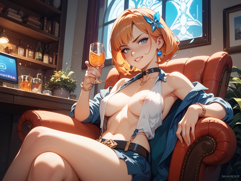 (((1 person:2.5))),(((NSFW:0.5))),(((Wear denim hot pants:1.5))),(((Wear a short-sleeved collared shirt:1.5))),(((Wear a gun belt with a holster:1.8))),,((Wear a watch on your wrist:1.5))),(((Showing cleavage))),(((Exposed thin inner thighs))),(((Small breasts:1.5))),(((Navel exposed:1.5))),(((Bare arms))),(((Put on your boots:1.5))),((Blushed:1.8)), Beautiful detailed girl, Very detailed目と顔, 緻密でBeautiful Eyes, Very detailed, High resolution, Highest quality, masterpiece, Very detailed, 8k wallpaper, wonderful, finely, Highest quality,(Standing in front of a wooden wall),Beautiful Eyes,((Engage your audience:1.5)),((Cowboy Shot:1.5))),((Front shot:1.2)),((Drinking whiskey:1.4)),(((Drunk:1.8))),(((Sit on a chair:1.2))),(((Crying face:0.8))),(((Touch your chest with your left hand:1.5)))