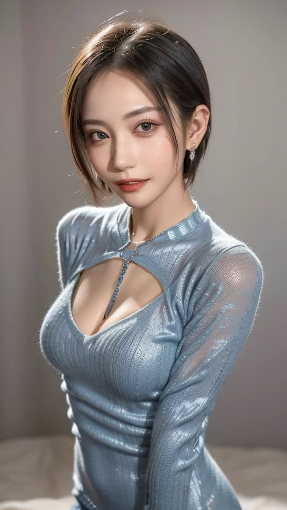 8K, Top Quality, Intricate Details, Ultra Detail, Ultra High Resolution, Masterpiece, full body,  Slender, Smile, (Makeup: 0.4), (Fluffy Blue Eyes: 1.21), blue Eyes, looking at viewer, ((full body)), 1girl, solo, 1 girl, (( full body)), , , ((tall)), (((fit body))), (((slim face))), sharp face, sharp eyes, (((black hair,  )) , (detailed face), sharp face, small lips,,
 (( )), ((open vest)),  detailed face, detailed breast, , large breast, detail ass, , Beautiful girl with accentuated slender abs: 1.4, Six Pack Abs: 1.4, Bust Botox, Big, Perfect Body, detail leg, (( dark background)), black background,