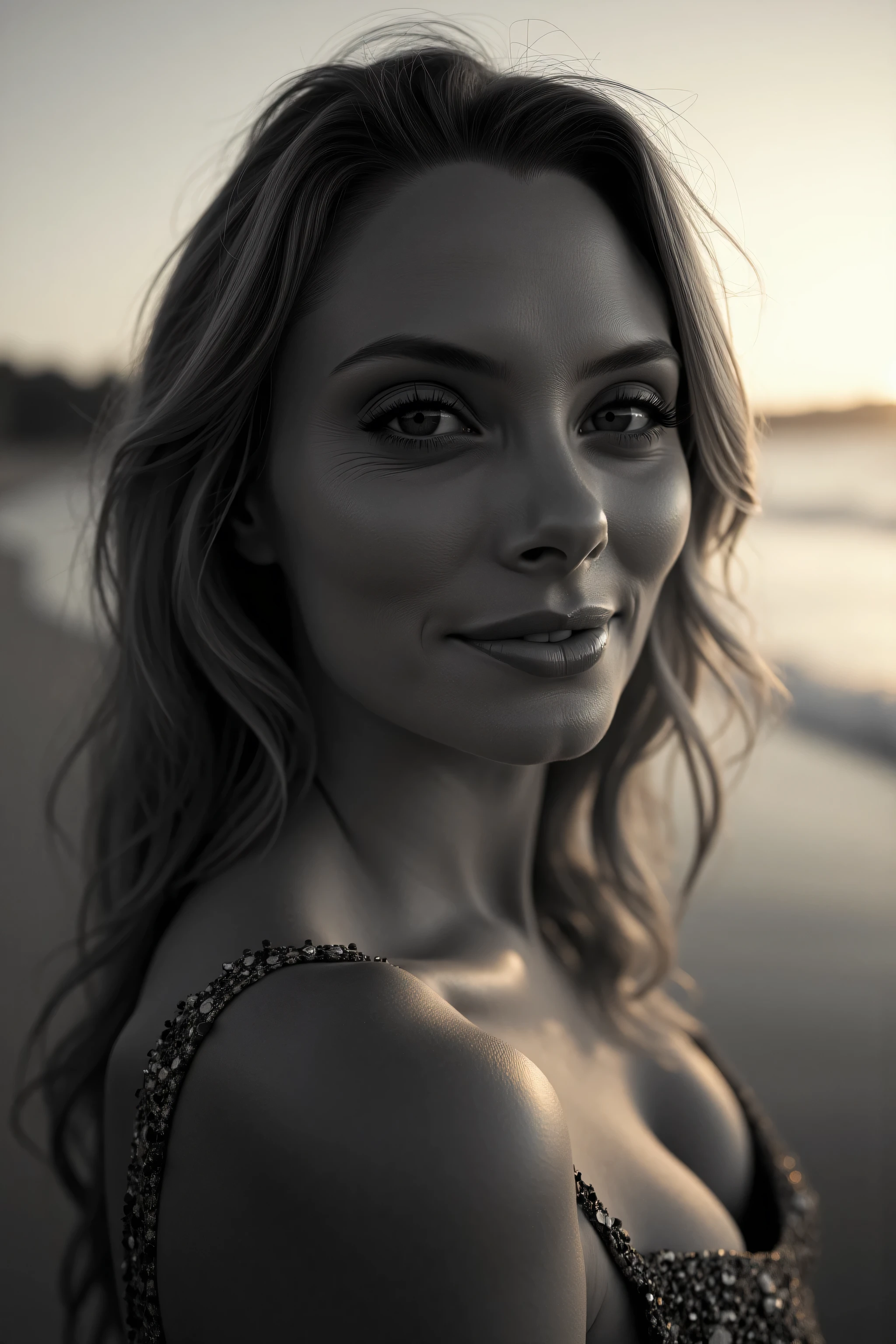 high quality, 8K Ultra HD, sunset coast should serve as the underlying backdrop, with its details incorporated into the goddess , crisp lines, looking at the camera. The background is monochrome, sharp focus,,awesome full color,