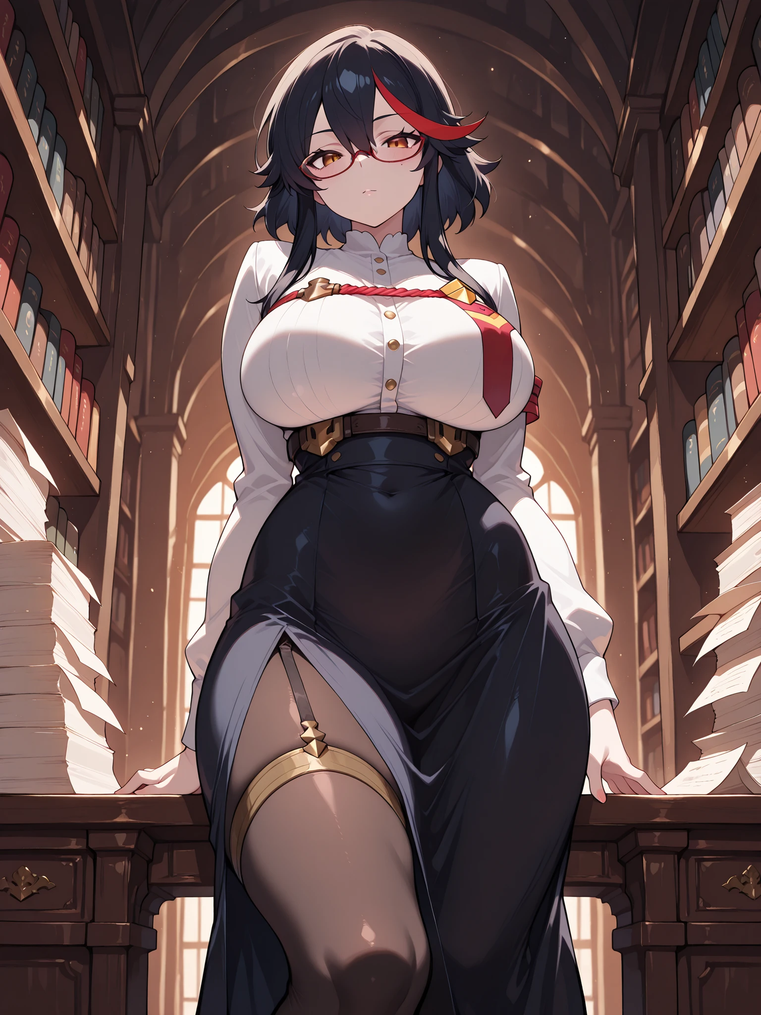 ((woman with long gray hair with two ponytails and red eyes))((chubby)),((with round glasses, standing with legs open in the form m)),((holding a book)),(( facing the spectator)),((giant breasts, naked breasts, with a transparent outfit)),((smiling face)),((in a biblical story of a haunted castle, at night)),