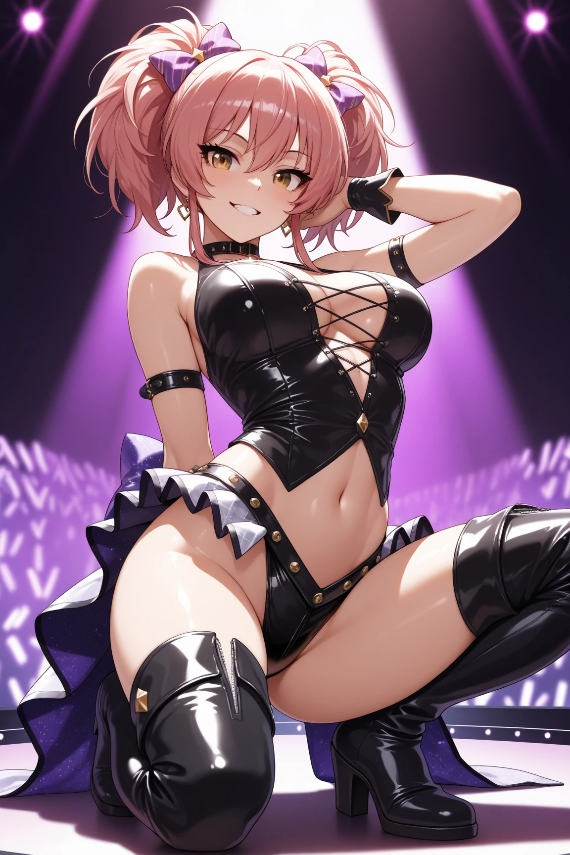 One girl, momo berea deviluke, to love-ru,perfect body,pink Hair, short Hair, puple eyes,hair clip,ahoge,leather crop top,leathe shorts,fish net,sitting on the sofa,crossing legs,
break,Create a nightclub atmosphere, with pulsing lights, sexy dancing, and a sense of libido and seductive.