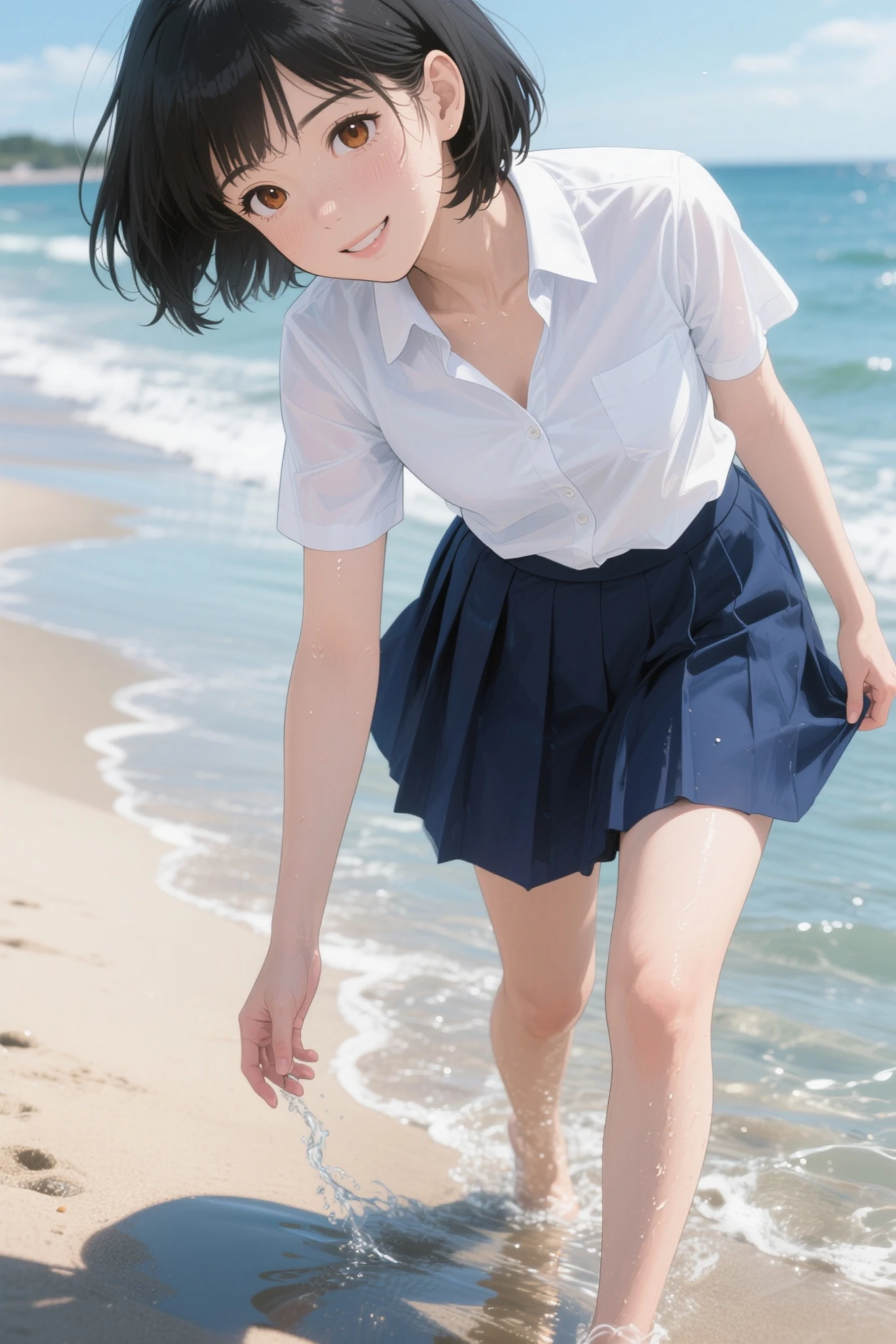 ((masterpiece:1.27、Every detail counts))At the beach dyed in the sunset、Cute Japanese  playing in the water by herself。She has straight black hair down to her shoulders、The bangs are cut straight above the eyebrows。She is wearing a traditional Japanese uniform.、The uniform is a sailor top with a white collar and navy blue lines.、And she is wearing a navy blue pleated skirt.。A red scarf is tied neatly around the chest of the top.。

She rolled up the sleeves of her uniform to her elbows、The hem of my skirt is also a little wet.。Walk barefoot on the sandy beach、I smile every time a wave hits my feet.。Her feet are white and small、There&#39;s fine sand on my toes。She was happily splashing around on the shoreline.、Occasionally, they scoop up seawater with their hands and throw it back into the waves.。Every time the water touches your feet it splashes a little.、They seem to be having fun.。

The blue sea and white sandy beach spread out in the background.、And the beautiful orange sky at sunset is depicted.。A small island in the distance々I can see、Seagulls are flying around。The shore is littered with small shells and driftwood.、The atmosphere is such that you can almost hear the sound of the waves.。Behind her、There was a school bag carelessly placed on the beach.、Next to it are carefully arranged shoes and socks.。The color of the bag is black、Embroidered school logo。Overall、Relaxing after school and、This is a scene that brings back fond memories of the end of summer.。

