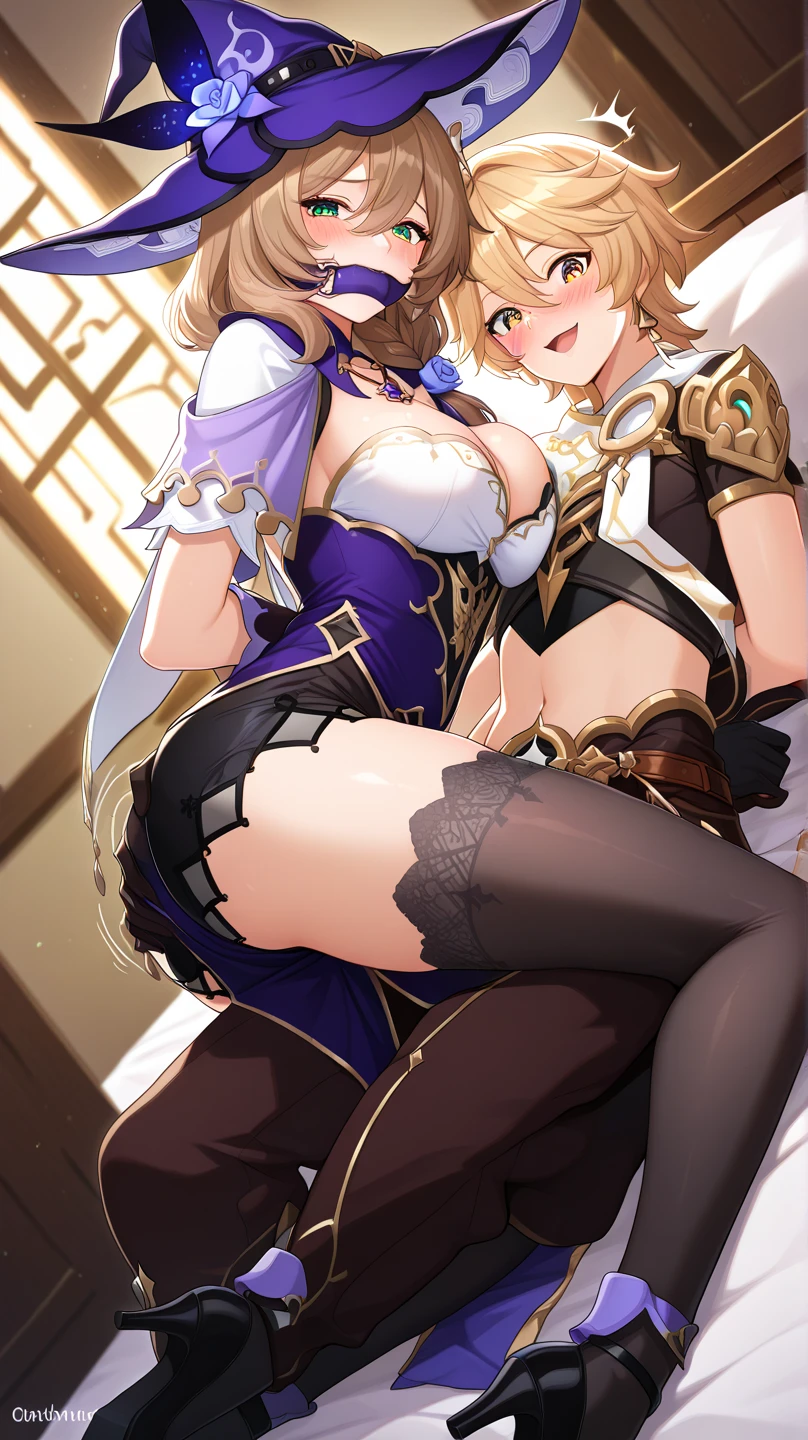 (hero neisan art style:0.7), score_9, score_8_up, score_7_up, score_6_up, uncensored, angelica, (blonde hair:1.3), braid, single hair bun, red eyes, BREAK (masterpiece:1.2), best quality, high resolution, (detailed eyes:1.3), perfect lighting, (perfect hands, perfect anatomy), large breasts, sagging breasts, white thighhighs, detached sleeves, frills, bow, navel, 1girl, breasts, hetero, sex, 1boy, penis, nipples, vaginal, grabbing, clothing aside, testicles, grabbing another's breast, navel, spread legs, pussy, dark-skinned male, blush, single glove, gloves, clenched hands, clenched teeth, fingerless gloves, outdoors, ruins, tree, palm tree, armlet, sweat, shivering, shock, water drop, sweating, drooling, from below, hug,